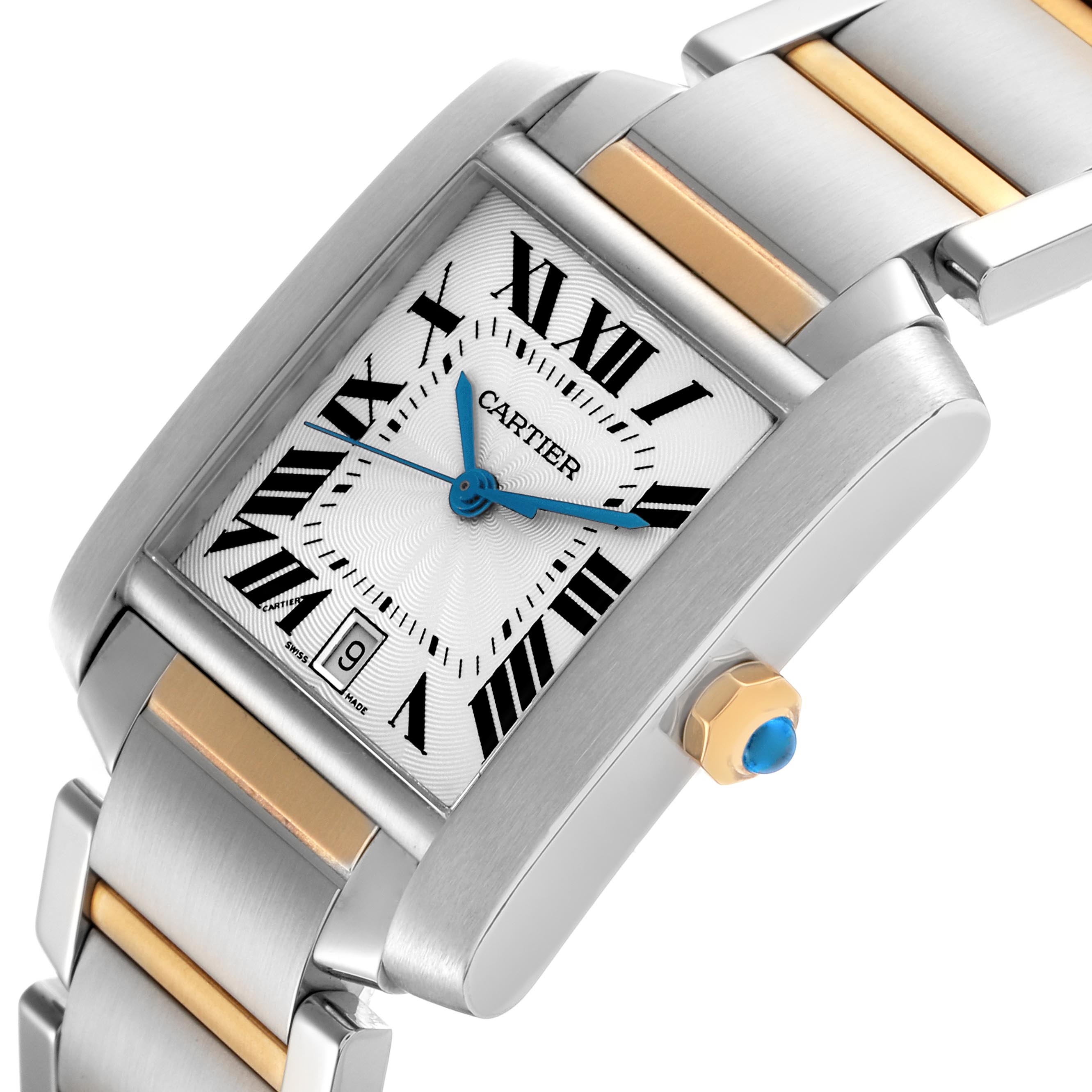 The Cartier Tank Francaise W51005Q4 Men
s Steel and Gold (two tone) Silver Dial W51005Q4 Men
s Steel and Gold (two tone) Silver Dial watch is shown at an angled close-up, highlighting its face, crown with blue cabochon, and two-tone bracelet.