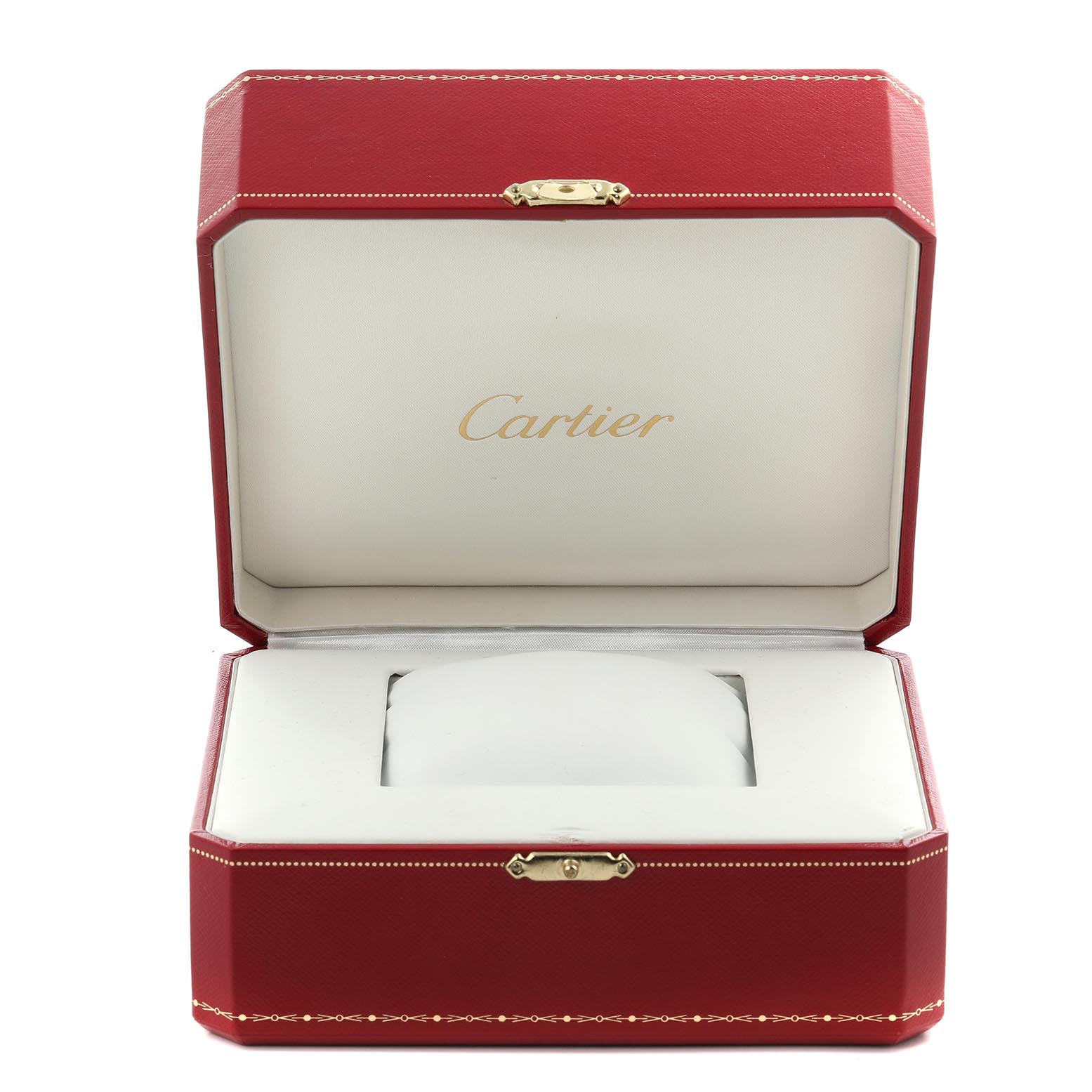 The image shows an open Cartier watch box for the Tank Francaise model, displaying its red exterior and interior cushion.