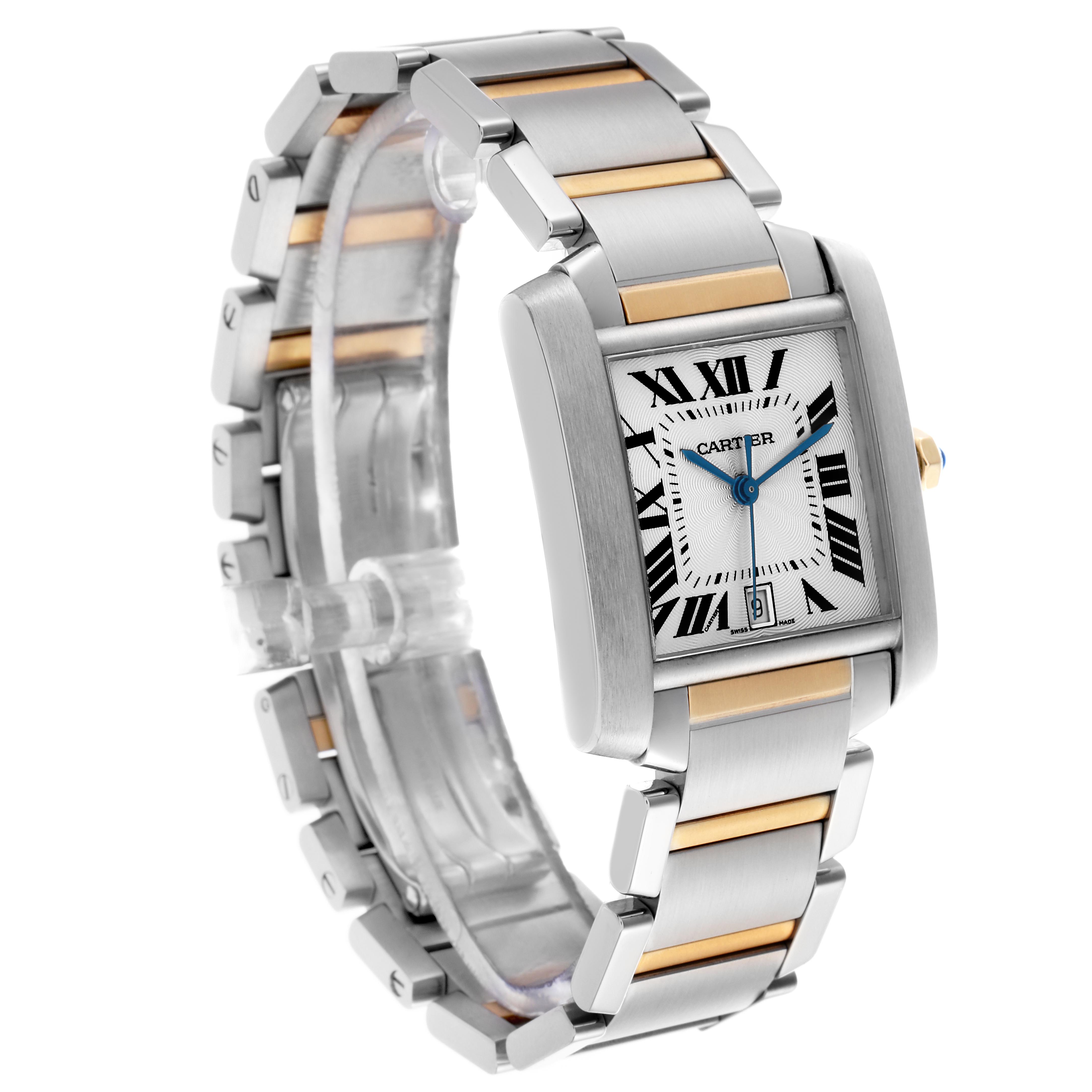 The Cartier Tank Française watch is shown at a side angle, displaying the face, bezel, and part of the stainless steel and gold bracelet.
