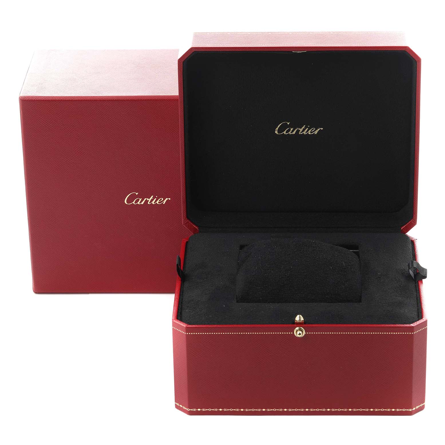The image shows the Cartier Tank MC W5330005 Men's Rose Gold Silver Dial watch's red presentation box open, with the inner cushion visible.