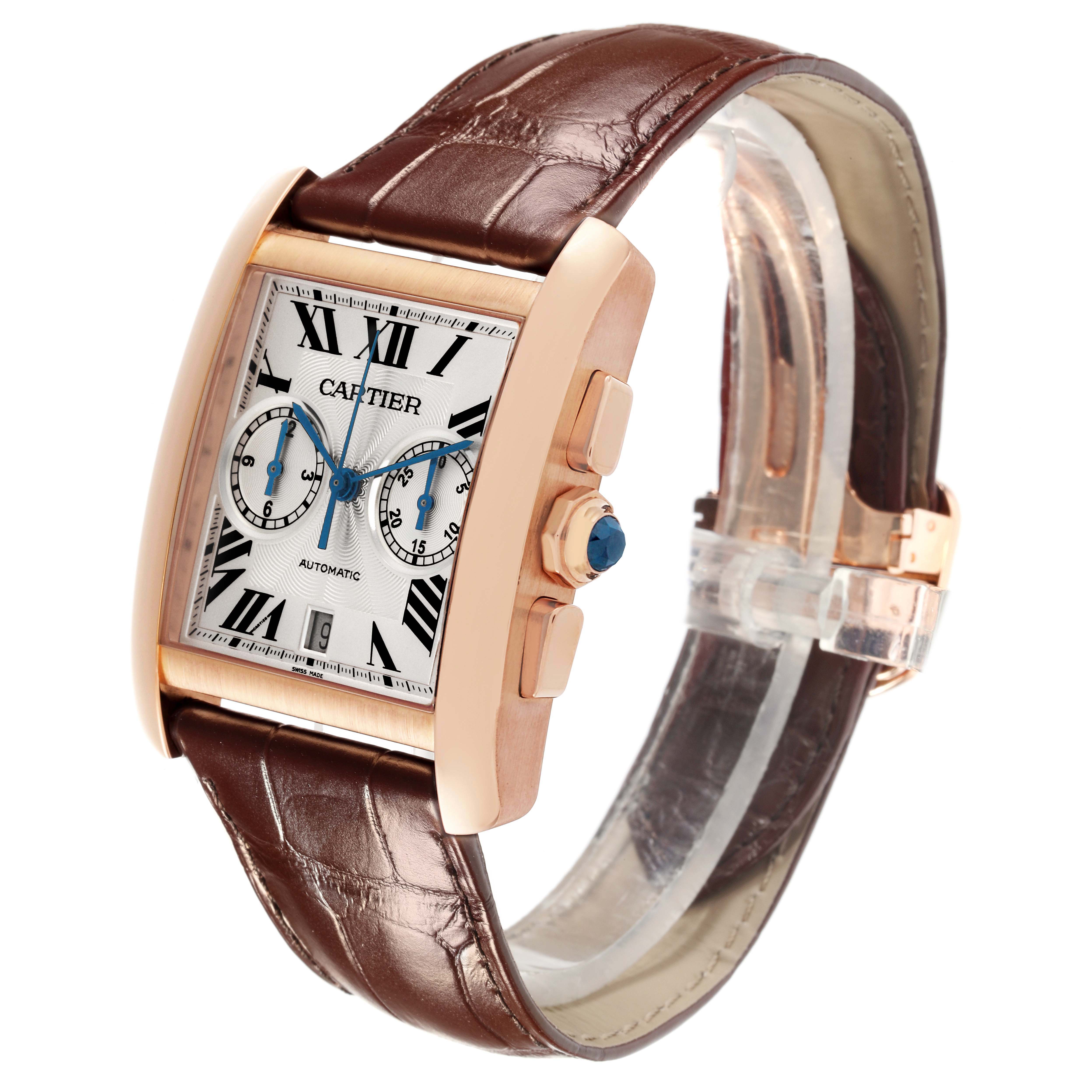 The Cartier Tank MC W5330005 Men's Rose Gold Silver Dial watch is shown at a three-quarter angle, displaying its face, case, crown, and brown leather strap.