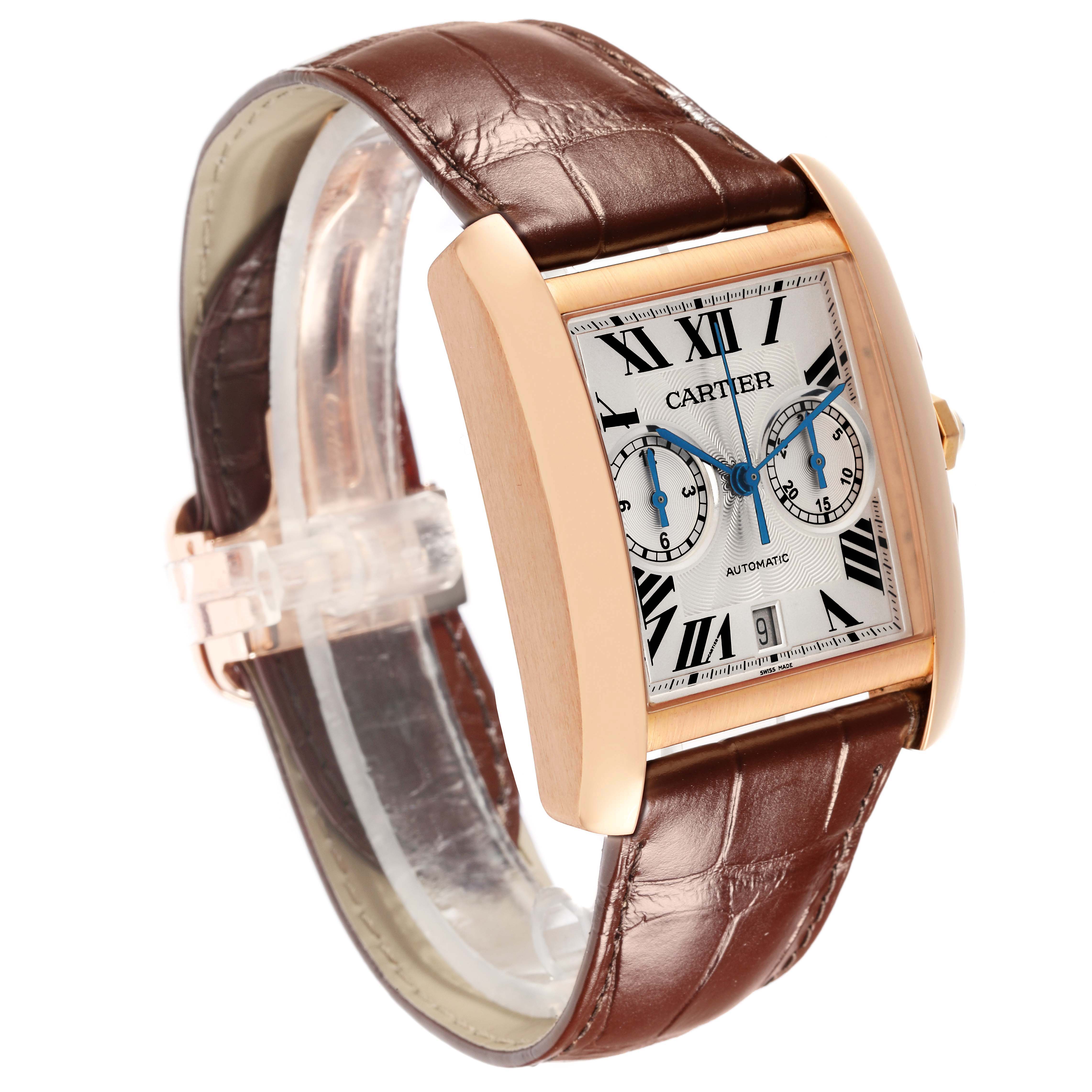 The Cartier Tank MC W5330005 Men's Rose Gold Silver Dial watch is angled to show the face, crown, and part of the strap, highlighting its rectangular dial and leather band.