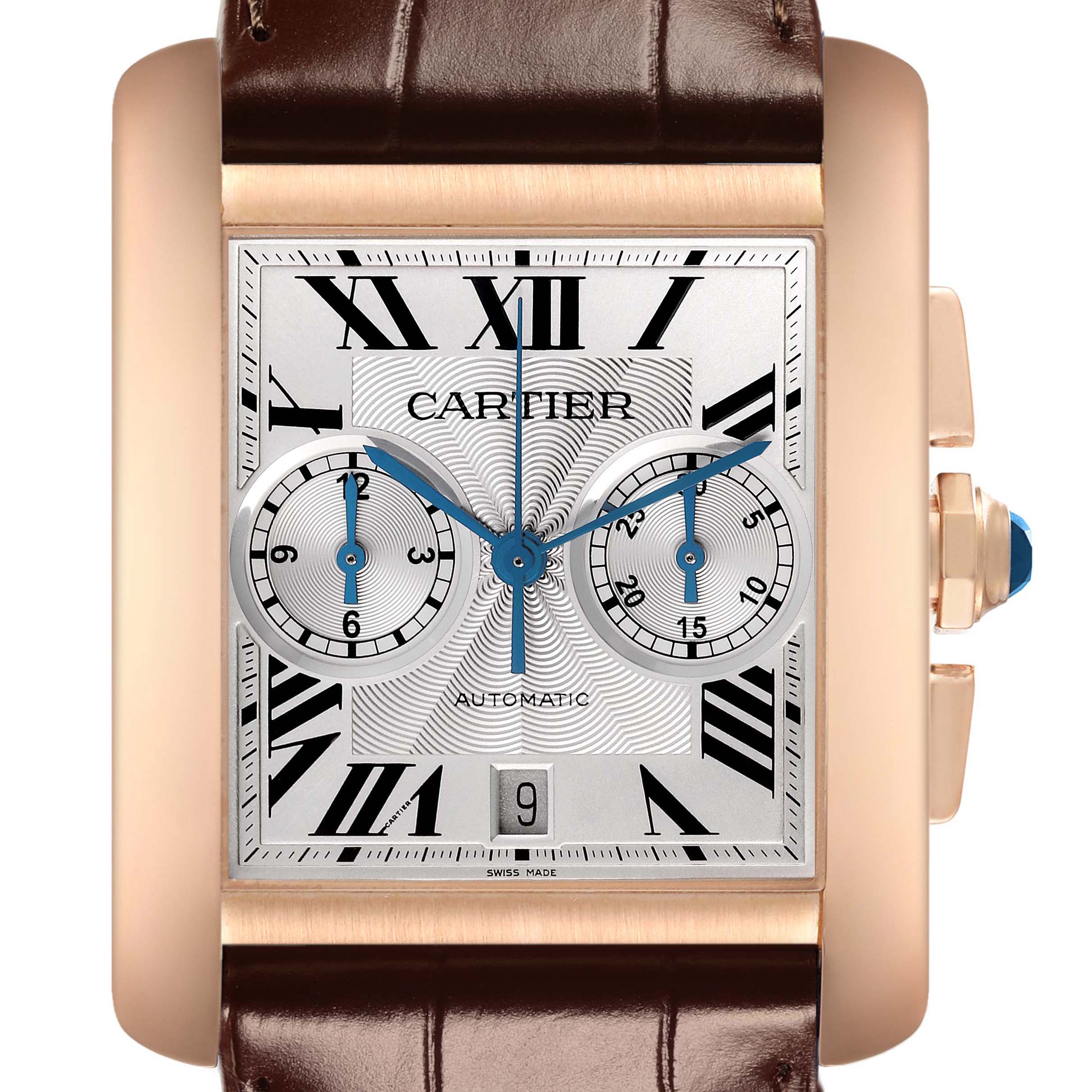 The Cartier Tank MC W5330005 Men's Rose Gold Silver Dial watch is shown from the front, highlighting its rectangular face, Roman numerals, subdials, and leather strap.