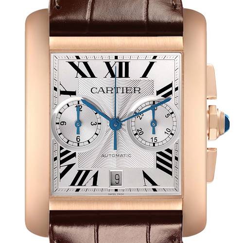 The Cartier Tank MC W5330005 Men's Rose Gold Silver Dial watch is shown from the front, highlighting its face, crown, and brown leather strap.