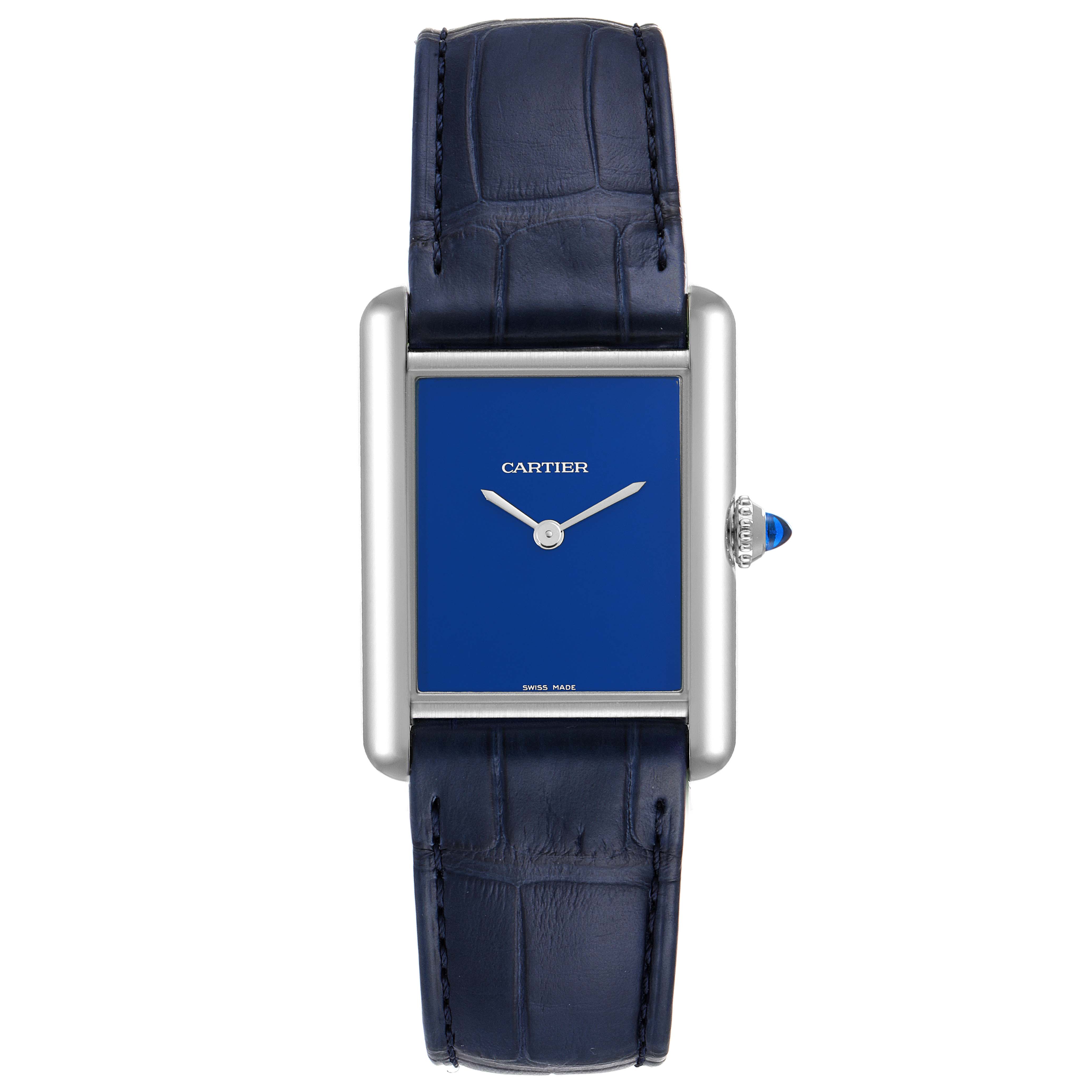 The image shows a frontal view of the Cartier Tank Must WSTA0055 Women's Stainless Steel Blue Dial WSTA0055 Women's Stainless Steel Blue Dial watch, highlighting its blue face and leather strap.