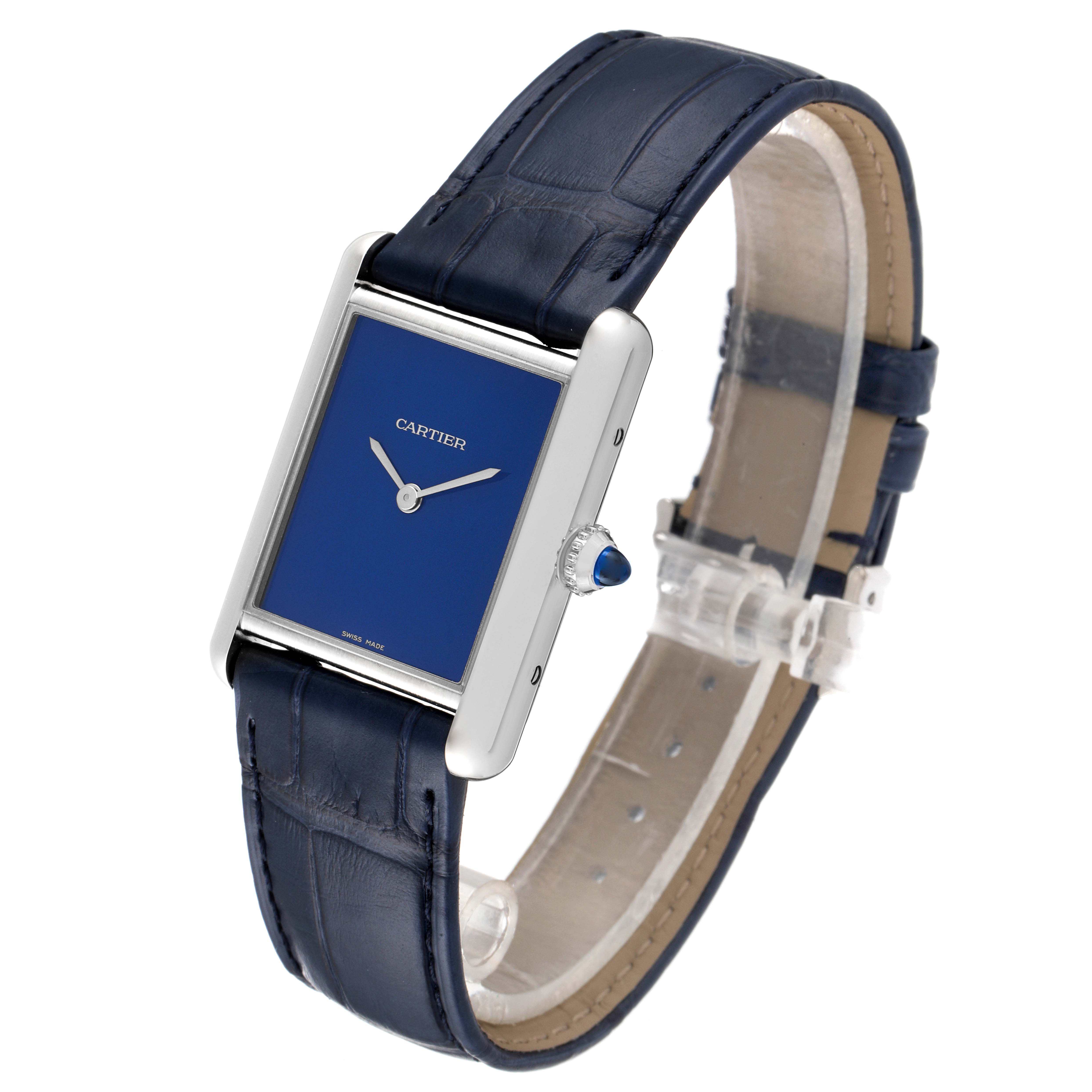 The image shows a Cartier Tank Must WSTA0055 Women's Stainless Steel Blue Dial WSTA0055 Women's Stainless Steel Blue Dial watch at a front angled view with the face, crown, and strap clearly visible.