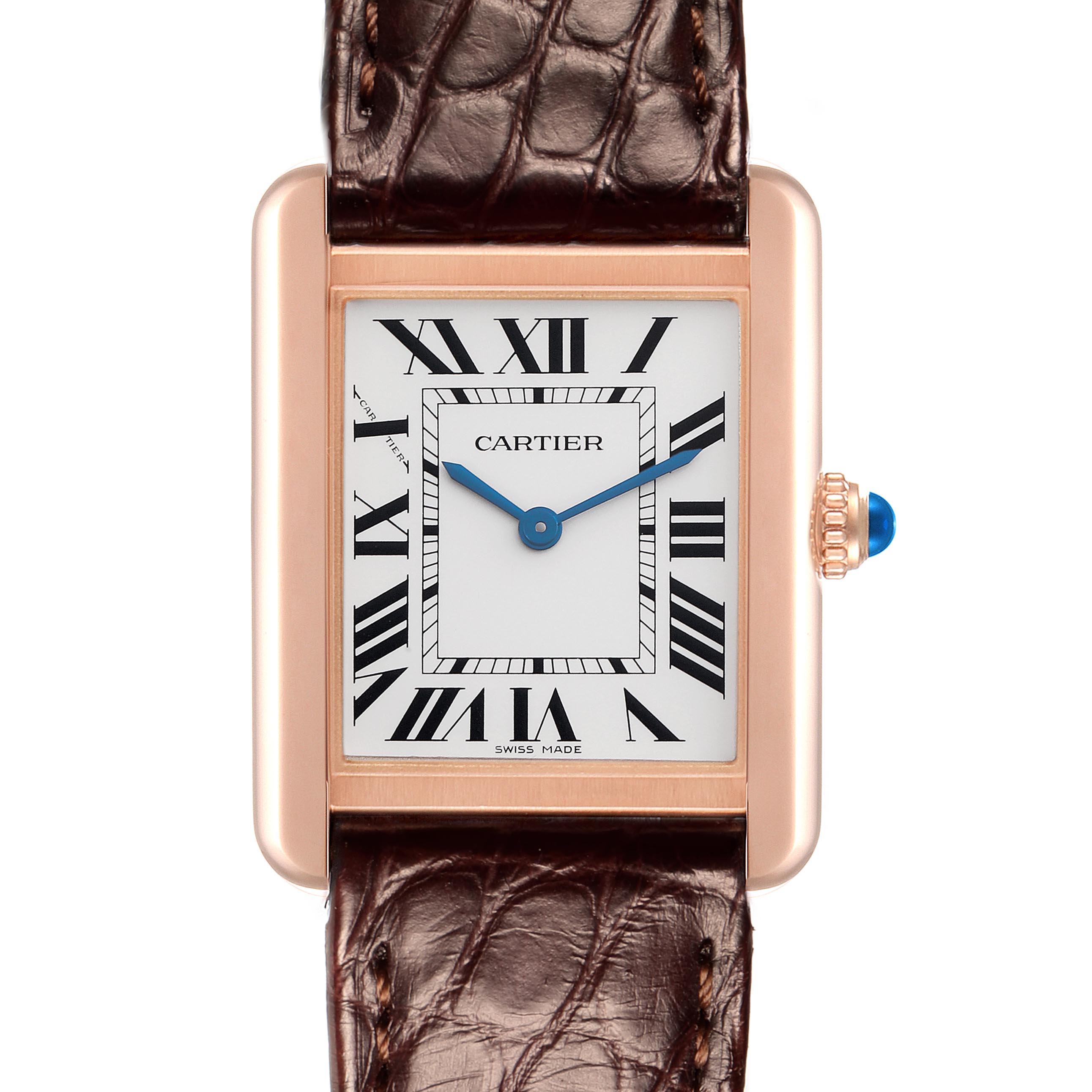The image shows a front view of the Cartier Tank Solo W5200024 Women's Steel and Gold (two tone) Silver Dial W5200024 Women's Steel and Gold (two tone) Silver Dial watch, highlighting the dial, Roman numerals, and leather strap.