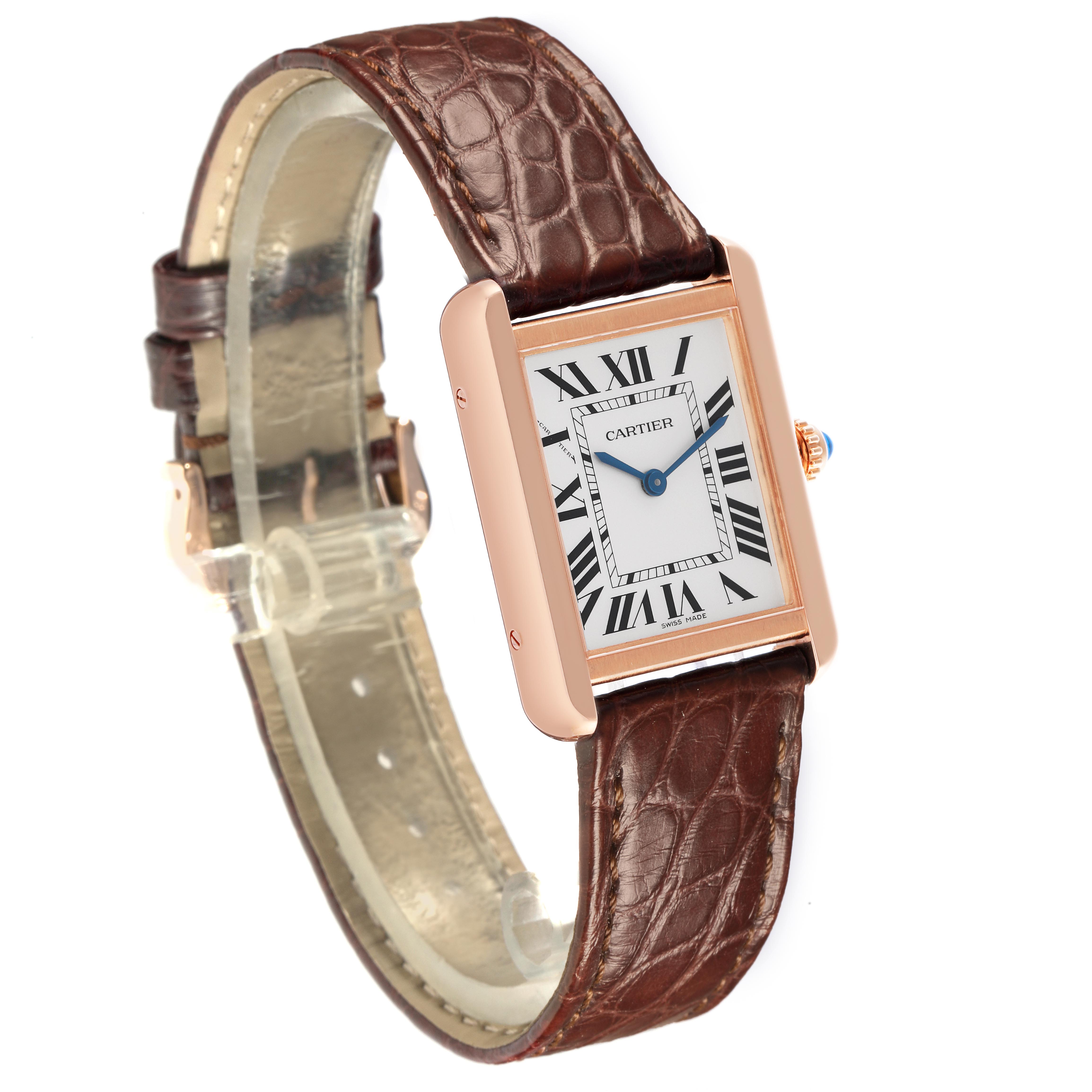 The Cartier Tank Solo W5200024 Women's Steel and Gold (two tone) Silver Dial W5200024 Women's Steel and Gold (two tone) Silver Dial watch is shown at a side angle, highlighting its rectangular face, leather strap, and crown.