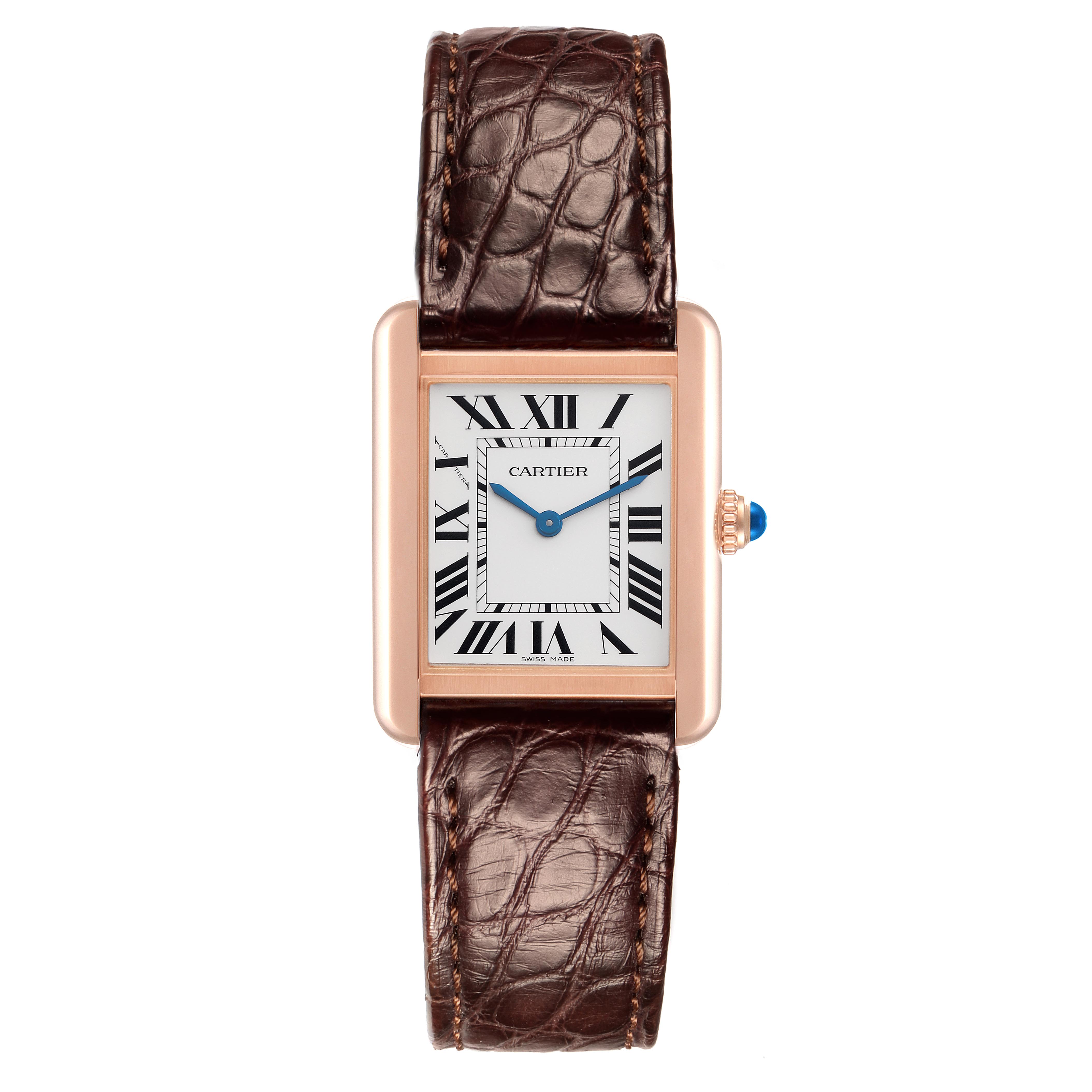 The Cartier Tank Solo W5200024 Women's Steel and Gold (two tone) Silver Dial W5200024 Women's Steel and Gold (two tone) Silver Dial watch is shown front-facing, displaying the dial, Roman numerals, and brown leather strap.
