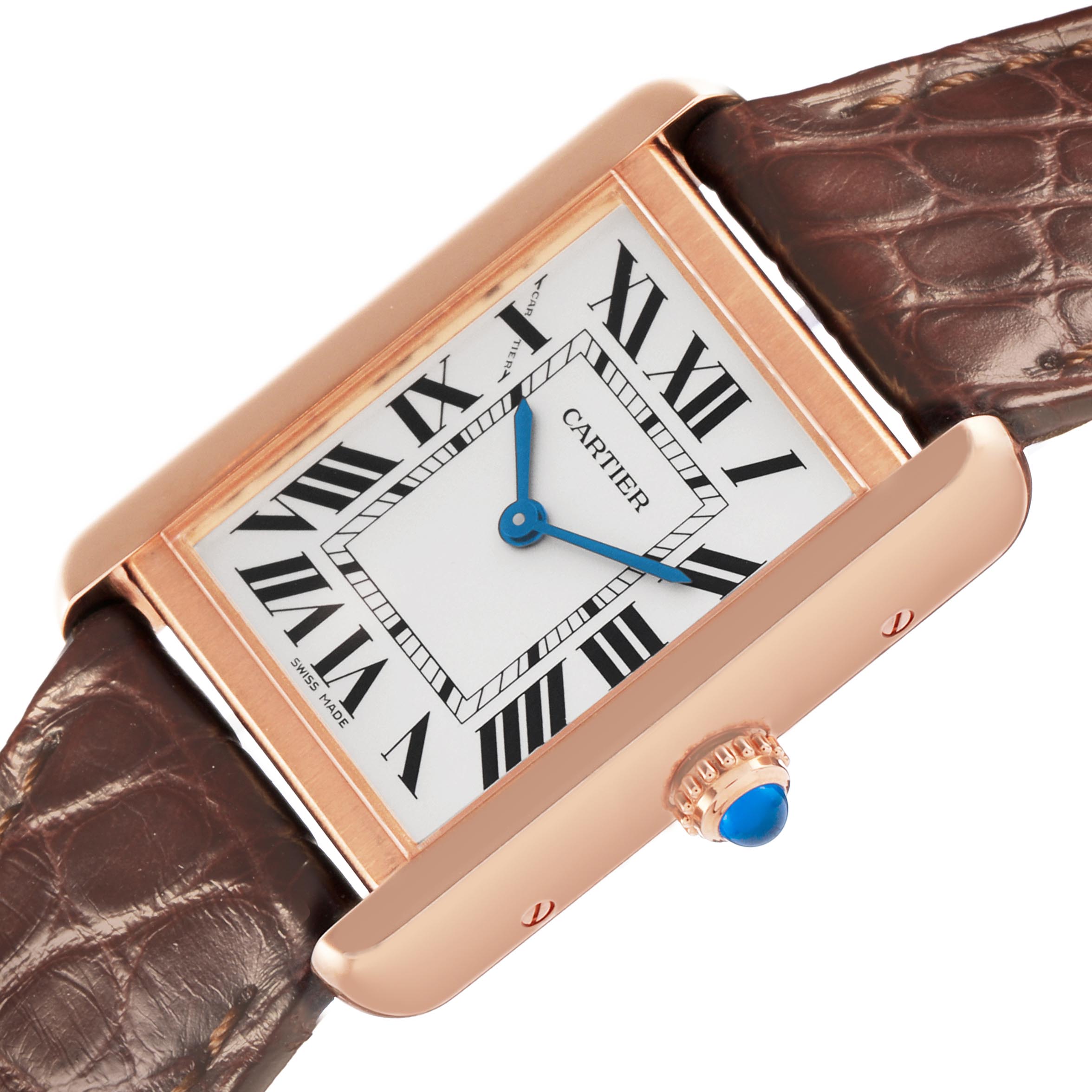 The Cartier Tank Solo W5200024 Women's Steel and Gold (two tone) Silver Dial W5200024 Women's Steel and Gold (two tone) Silver Dial watch is shown at an oblique angle, highlighting the face, crown, and brown leather strap.
