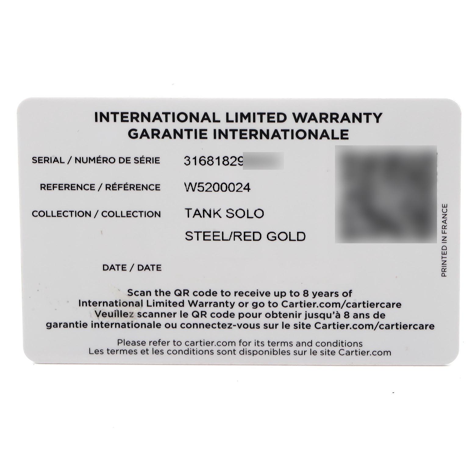 The image shows an International Limited Warranty card for the Cartier Tank Solo W5200024 Women's Steel and Gold (two tone) Silver Dial W5200024 Women's Steel and Gold (two tone) Silver Dial watch model.