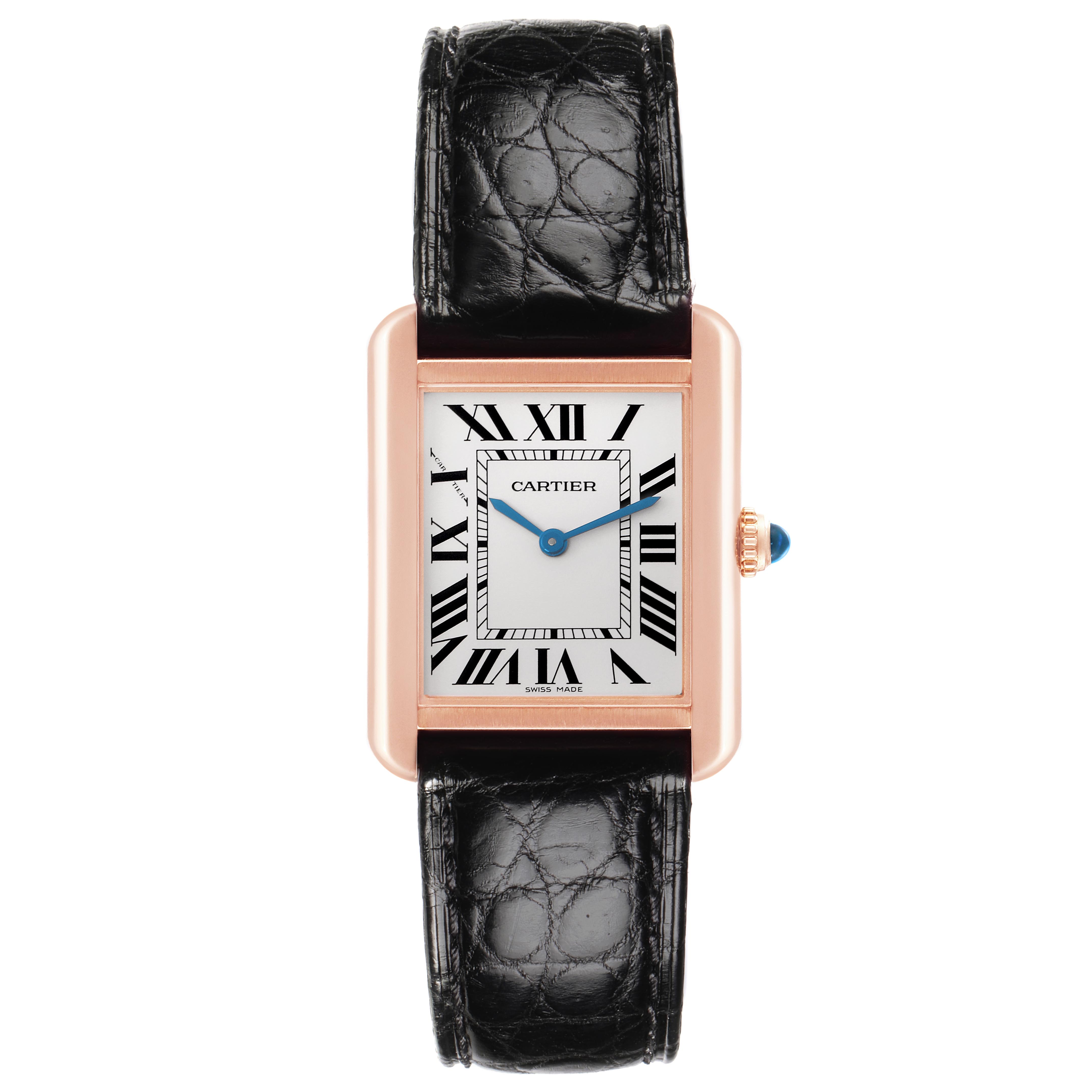 The Cartier Tank Solo W5200024 Women's Steel and Gold (two tone) Silver Dial W5200024 Women's Steel and Gold (two tone) Silver Dial watch is shown from a top-down angle, highlighting its rectangular face, Roman numerals, and black leather strap.