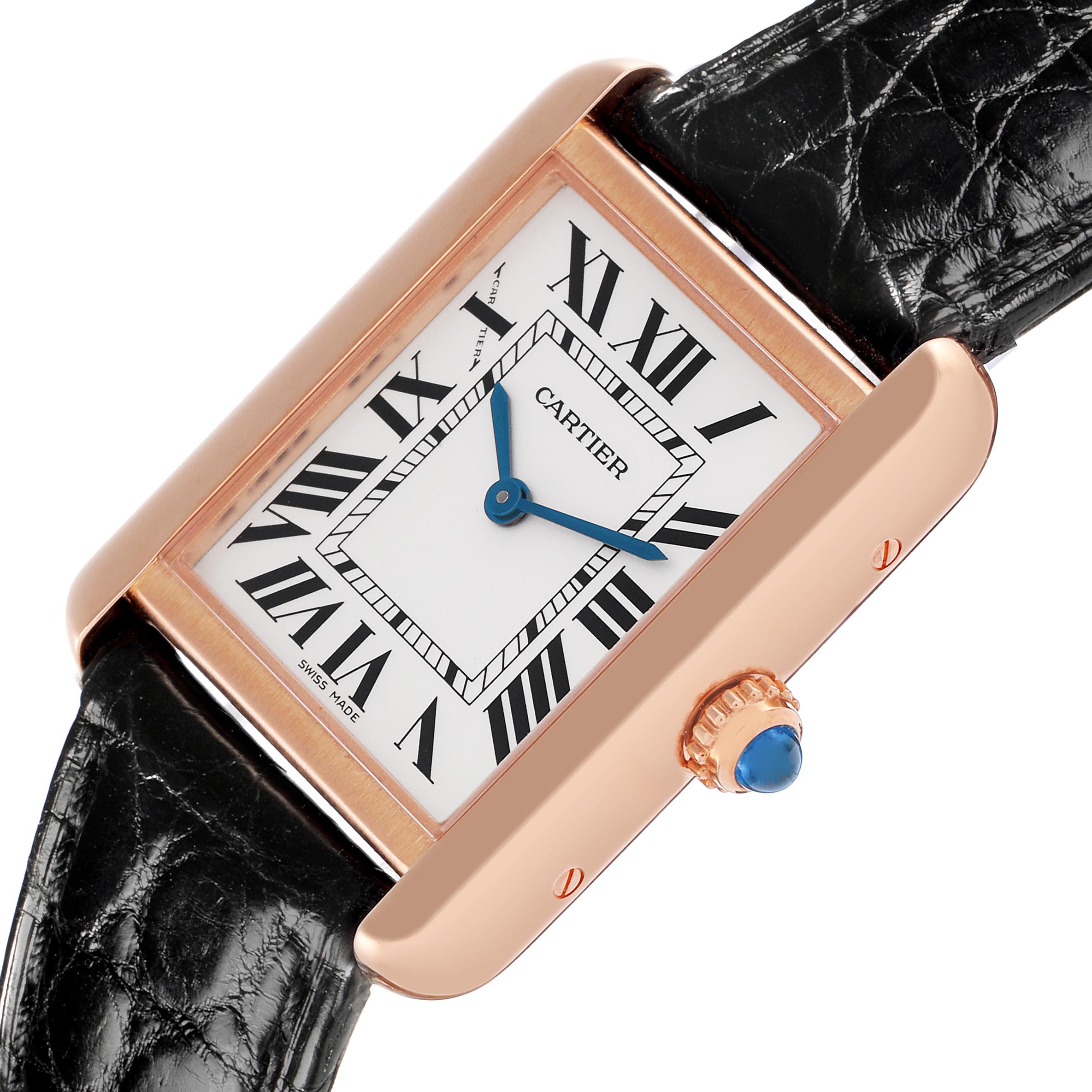 The Cartier Tank Solo W5200024 Women's Steel and Gold (two tone) Silver Dial W5200024 Women's Steel and Gold (two tone) Silver Dial watch is shown from a front angle, highlighting the dial, case, and crown with a leather strap.