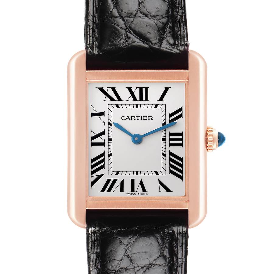 The Cartier Tank Solo watch is shown from a front angle, highlighting its rectangular face, Roman numerals, and black leather strap.