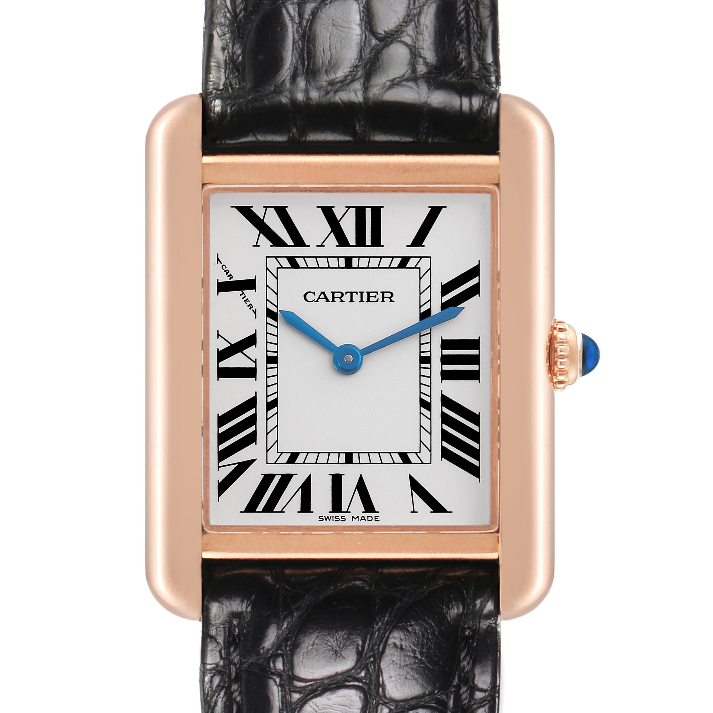 The Cartier Tank Solo W5200024 Women's Rose Gold Silver Dial W5200024 Women's Rose Gold Silver Dial watch is shown from a front angle, highlighting the dial, Roman numerals, blue hands, and leather strap.