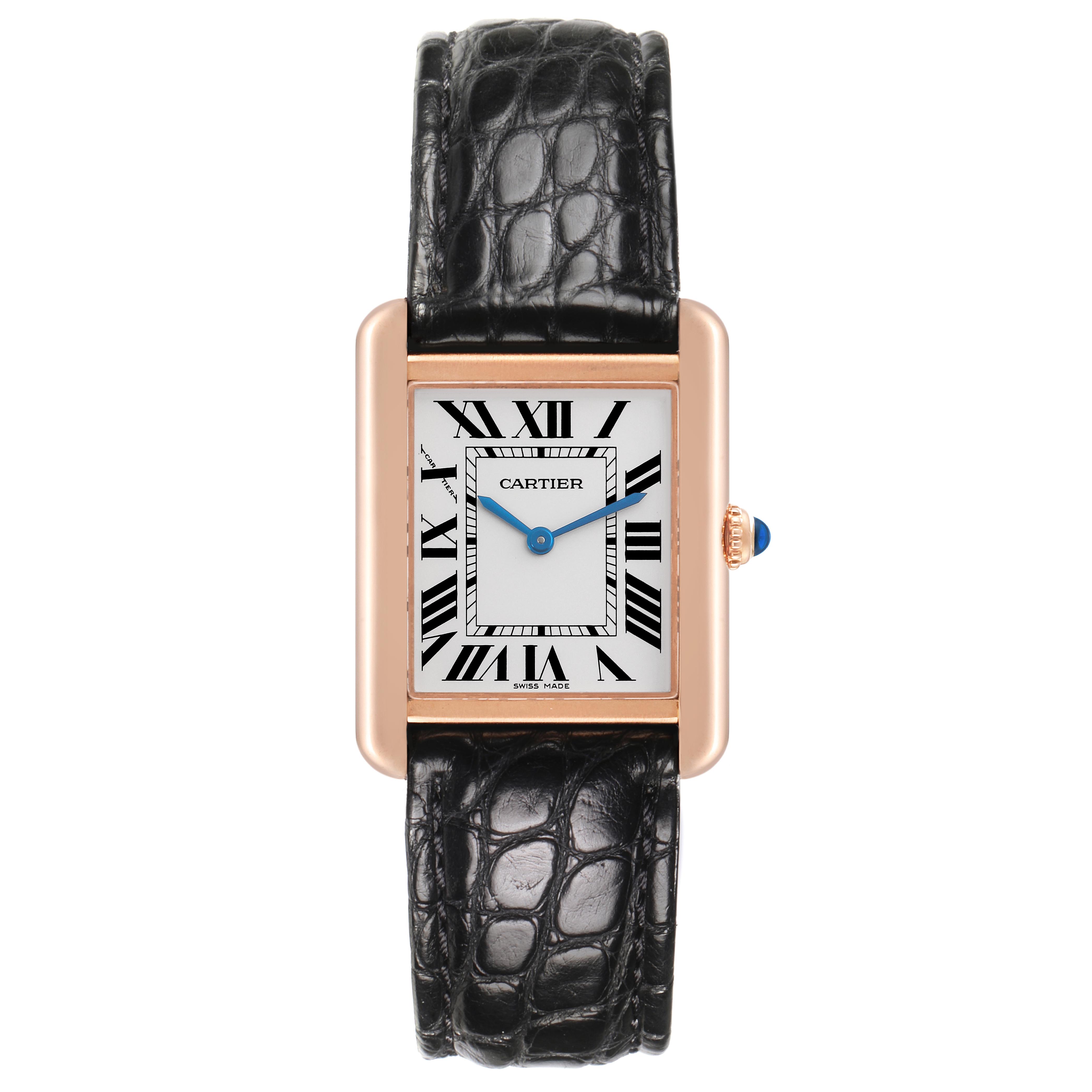 The Cartier Tank Solo W5200024 Women's Rose Gold Silver Dial W5200024 Women's Rose Gold Silver Dial watch is shown from a front angle, displaying the face, case, and strap.