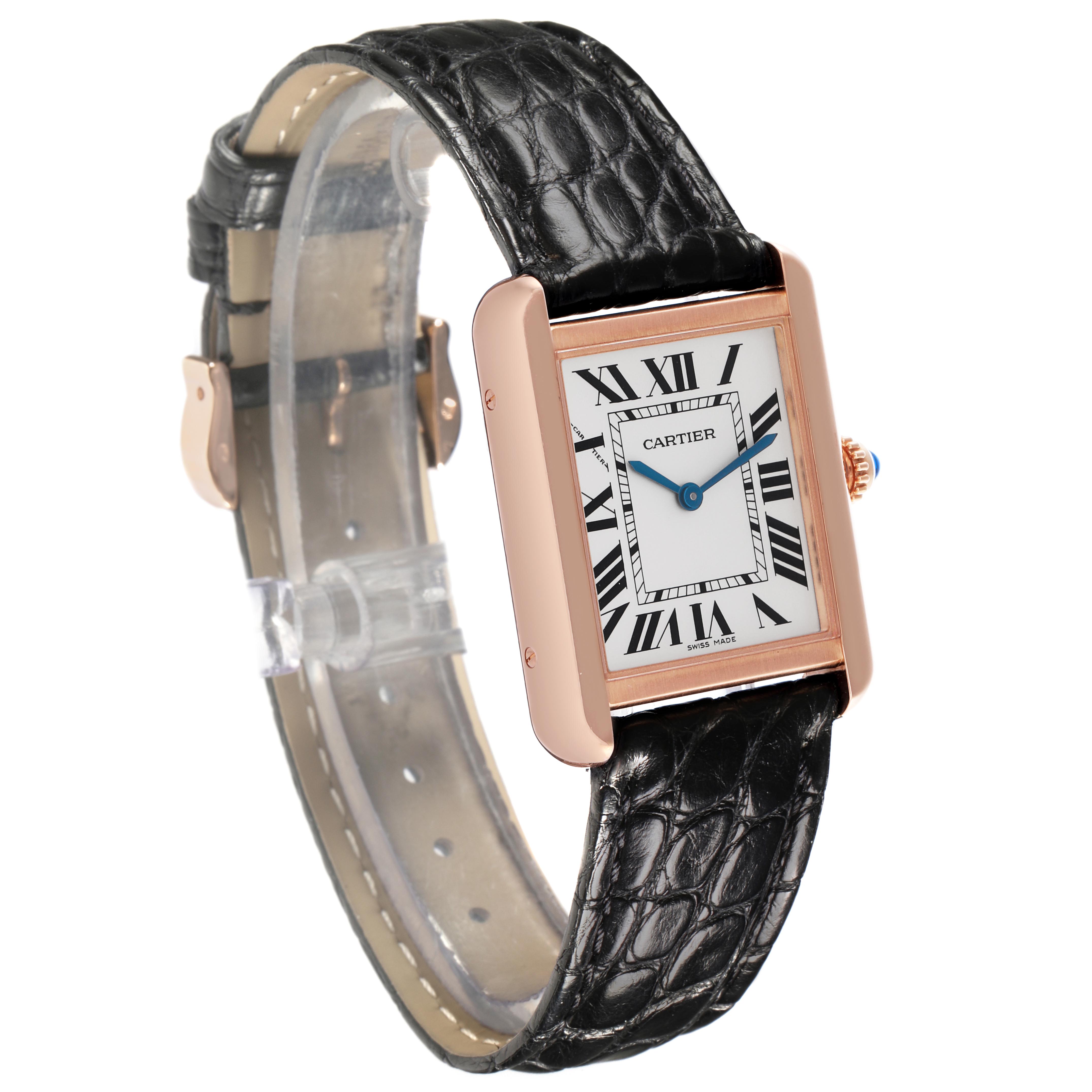 The Cartier Tank Solo W5200024 Women's Rose Gold Silver Dial W5200024 Women's Rose Gold Silver Dial watch is shown at a three-quarter angle, highlighting its face, strap, and side crown.