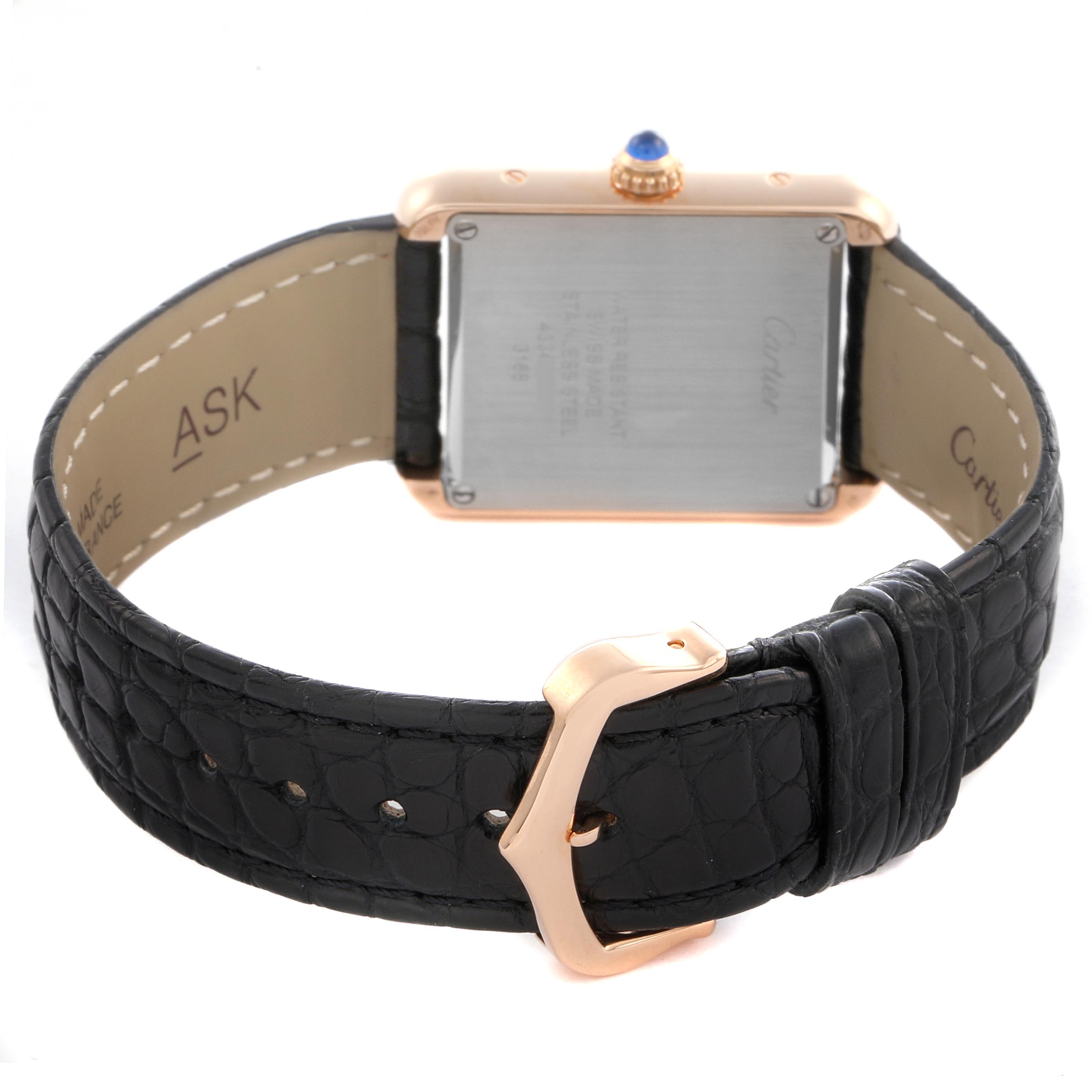 The image shows the back and strap of a Cartier Tank Solo W5200024 Women's Rose Gold Silver Dial W5200024 Women's Rose Gold Silver Dial watch, featuring the clasp and crown from a rear angle.