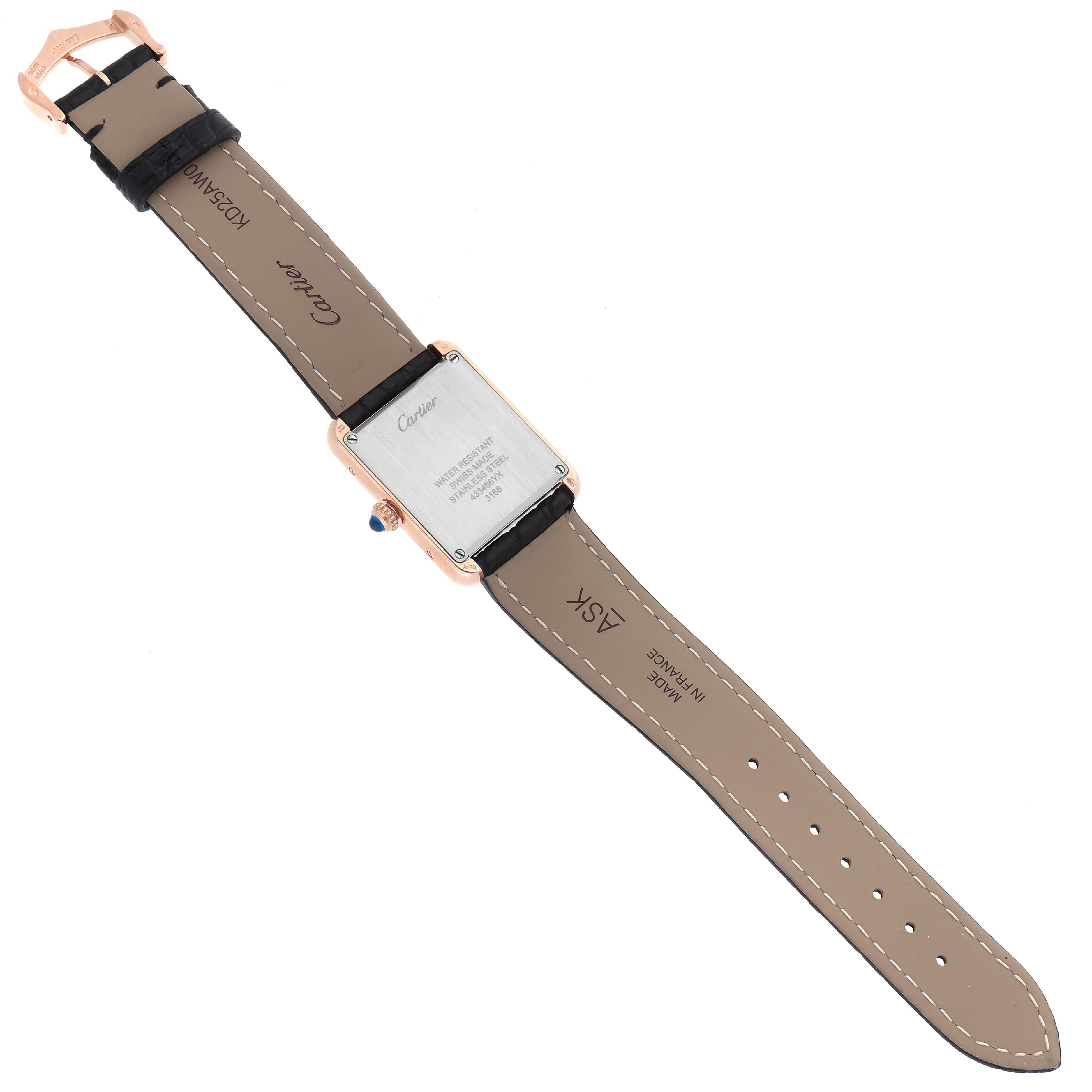 The Cartier Tank Solo W5200024 Women's Rose Gold Silver Dial W5200024 Women's Rose Gold Silver Dial watch is shown from the back, displaying the case back, crown, and leather strap.