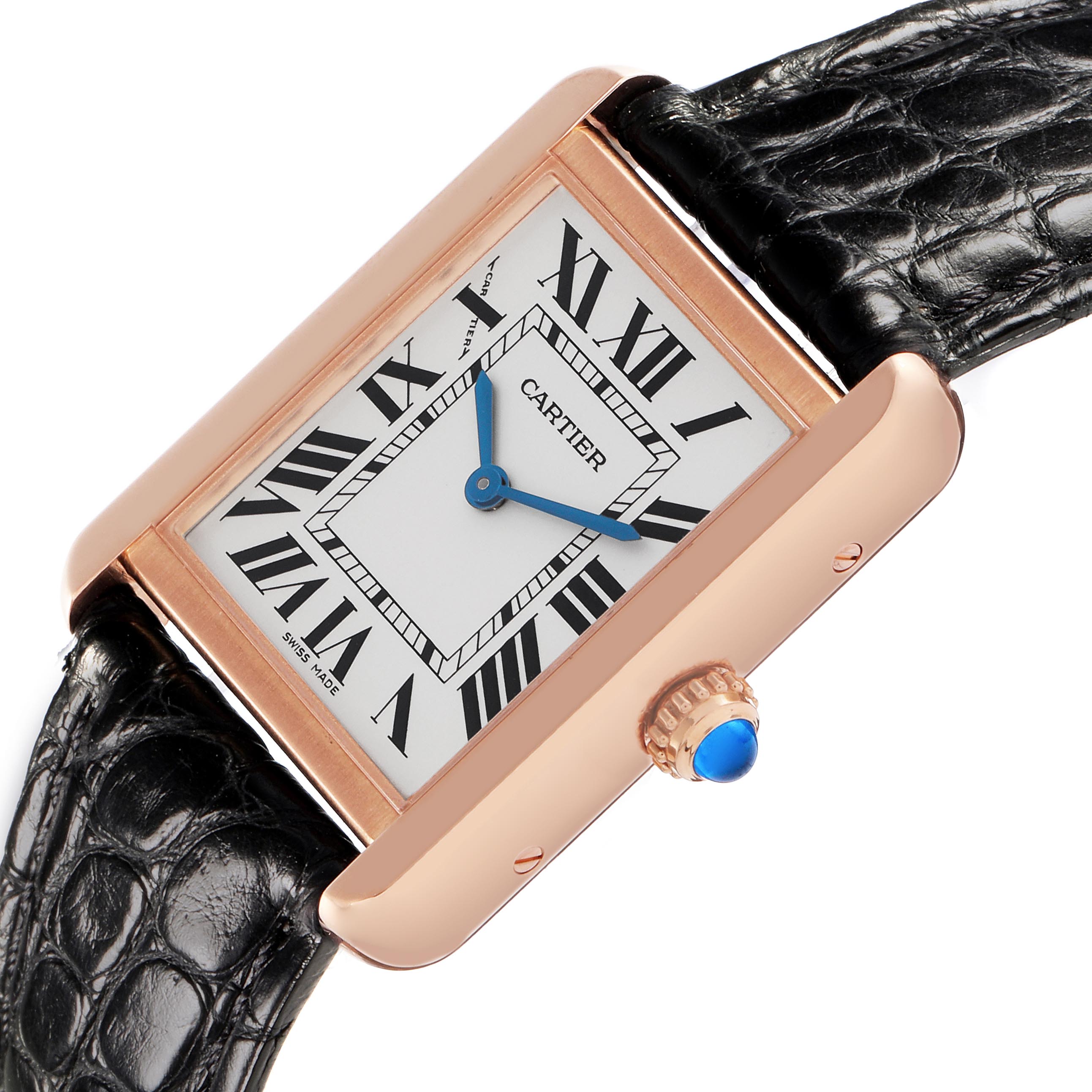 The Cartier Tank Solo W5200024 Women's Rose Gold Silver Dial W5200024 Women's Rose Gold Silver Dial watch is shown at an angle highlighting the face, Roman numerals, and the blue crown.