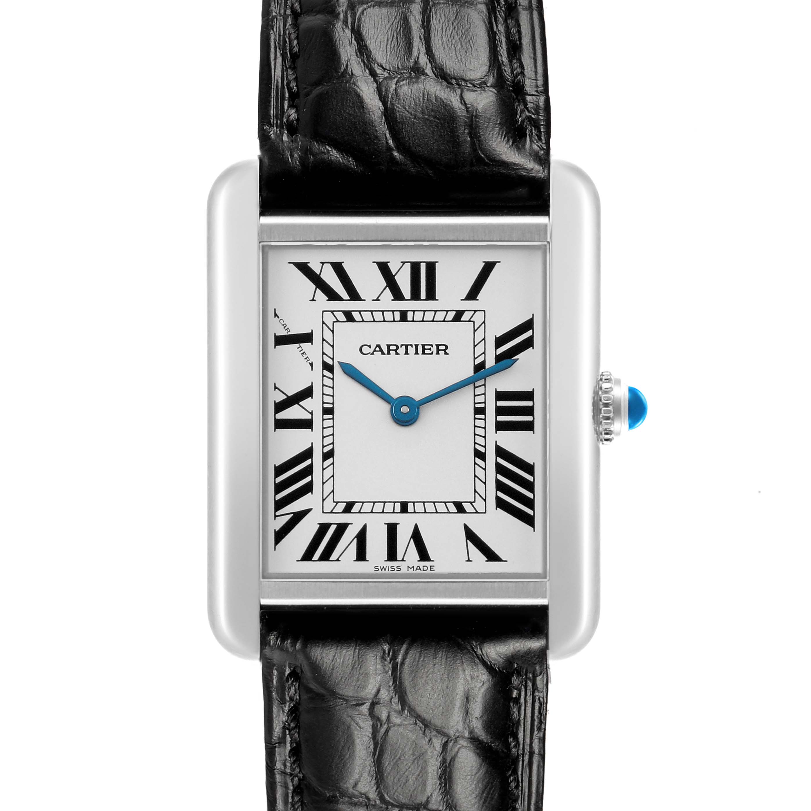 The Cartier Tank Solo W1018255 Women's Stainless Steel Silver Dial watch is shown from the front, highlighting the face, crown, and leather strap.