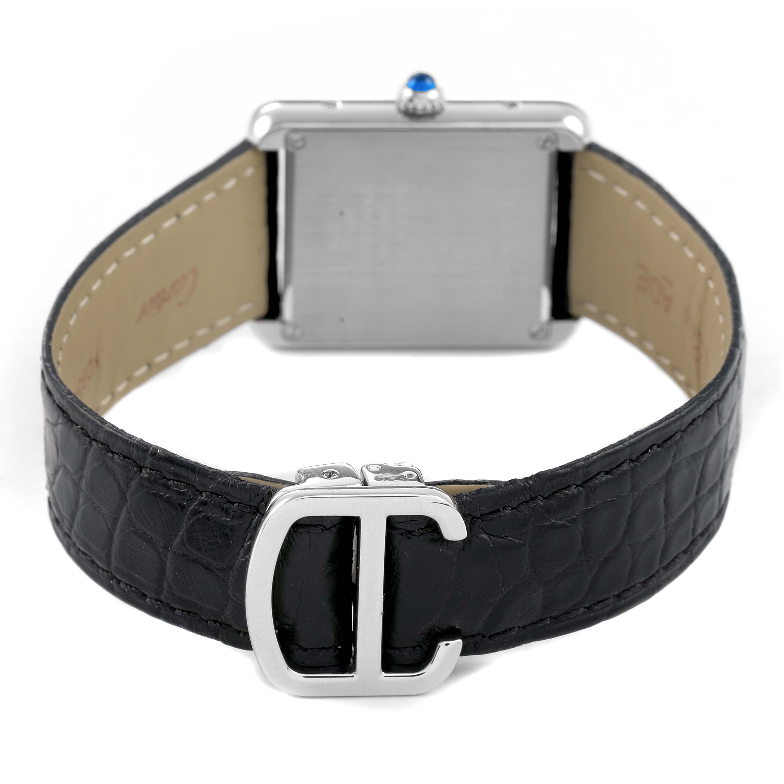 The image shows the back of the Cartier Tank Solo W1018255 Women's Stainless Steel Silver Dial watch, highlighting the clasp and leather strap texture.