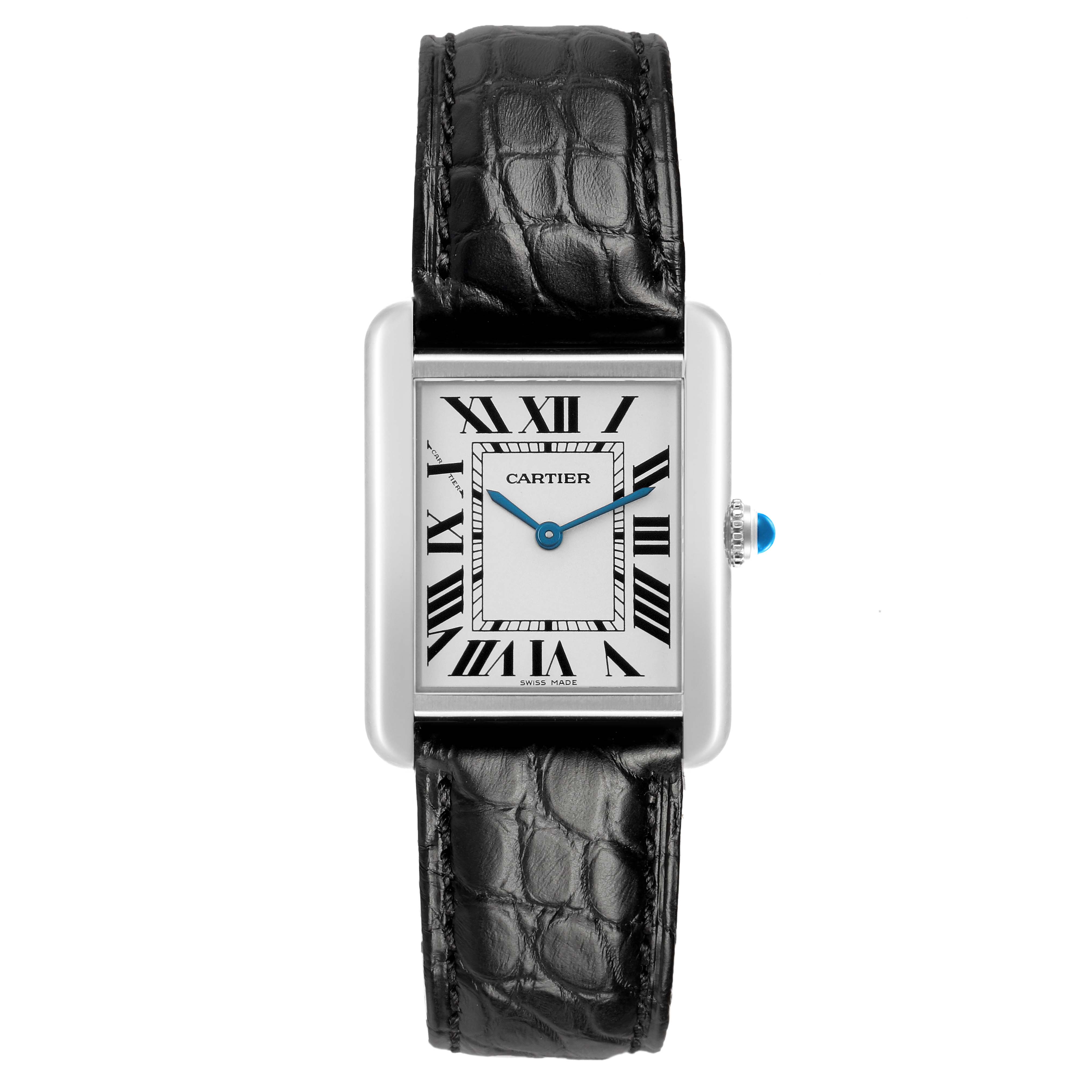 The Cartier Tank Solo W1018255 Women's Stainless Steel Silver Dial watch is shown from the front, displaying its rectangular face, Roman numerals, and black leather strap.