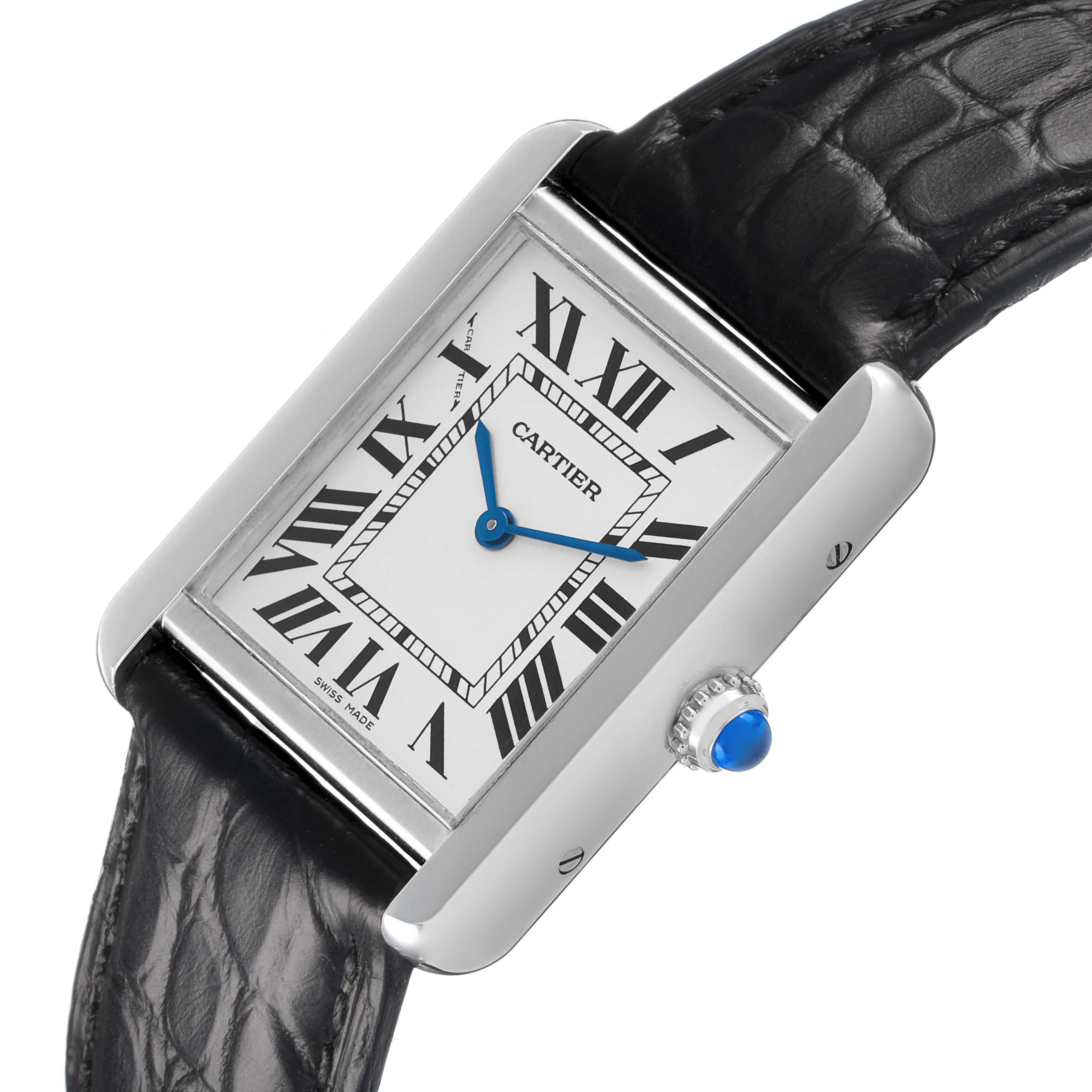 The Tank Solo by Cartier is shown at an angle highlighting the dial, Roman numerals, blue hands, and a leather strap.