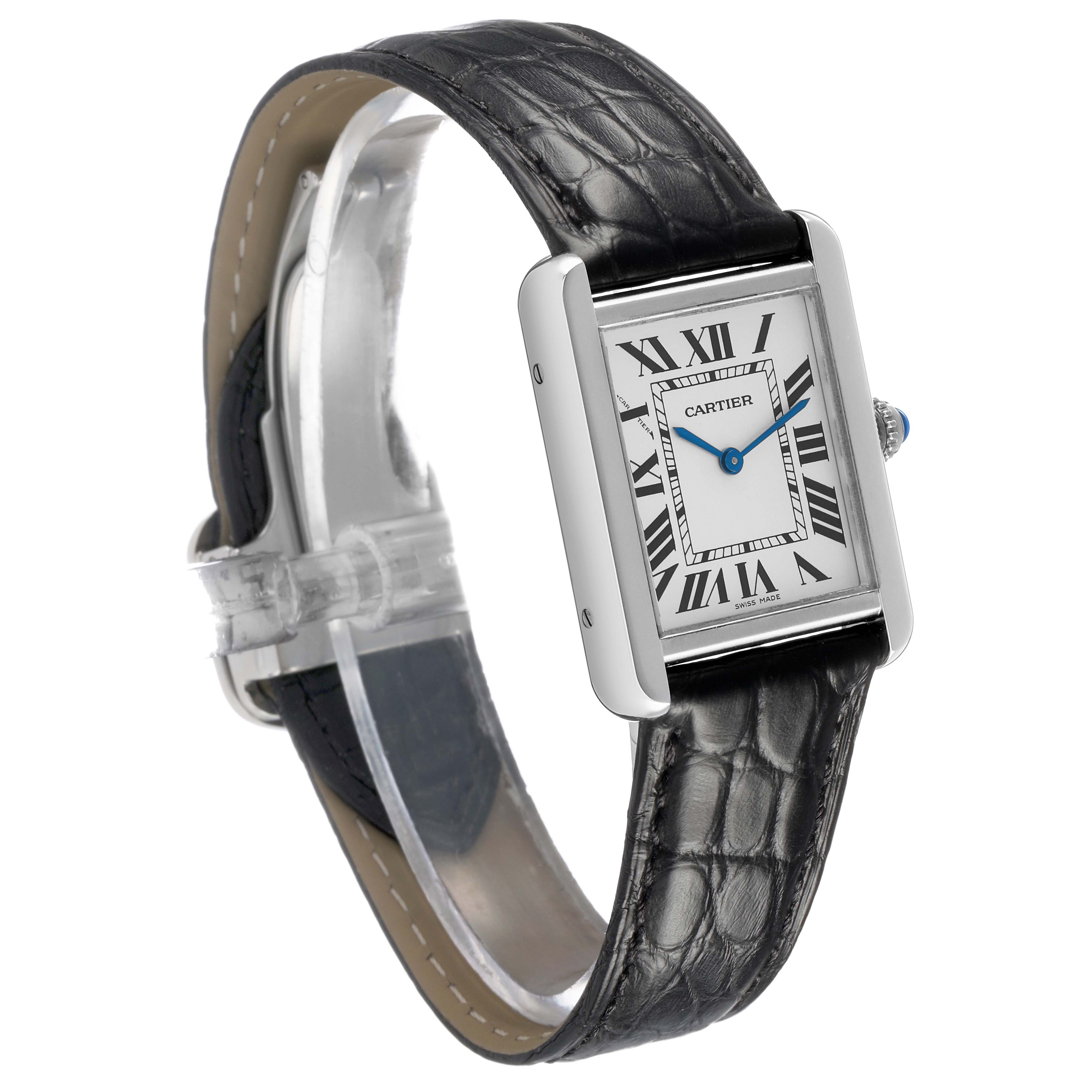 The Cartier Tank Solo W1018255 Women's Stainless Steel Silver Dial watch is shown at an angled side view, highlighting its rectangular face, Roman numerals, and leather strap.