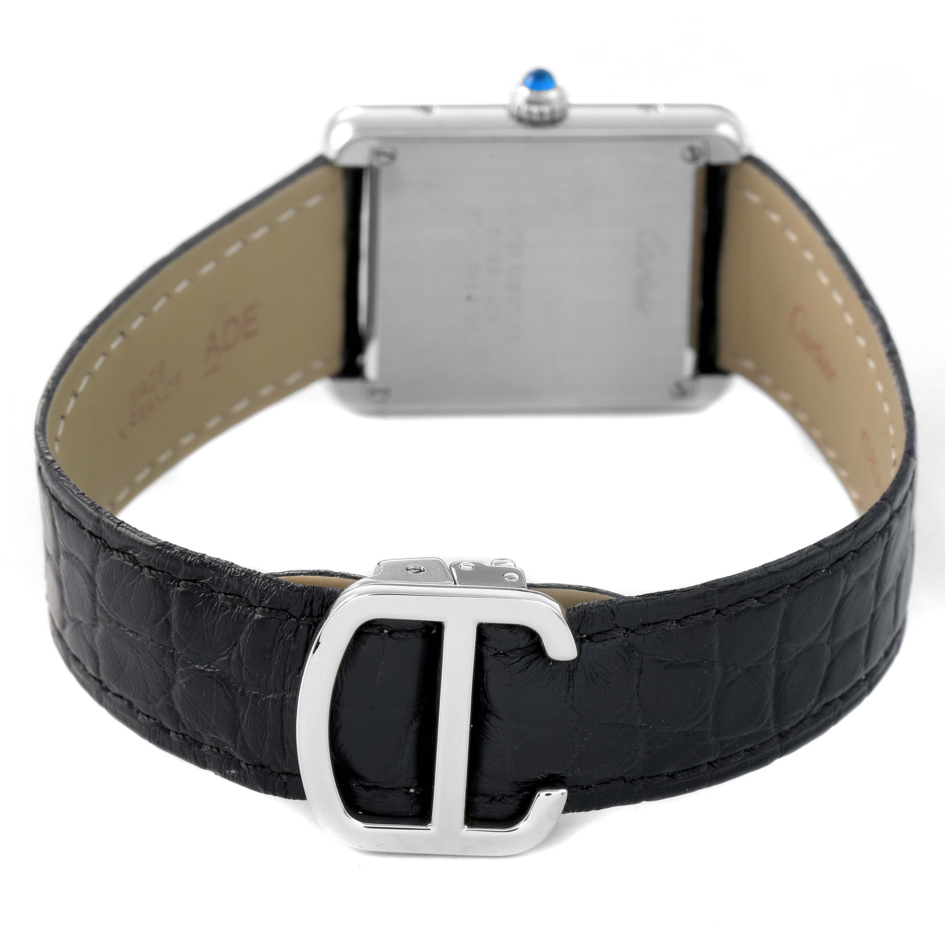 This image shows the back view of the Cartier Tank Solo W5200005 Women's Stainless Steel Silver Dial watch, highlighting the buckle and strap design.