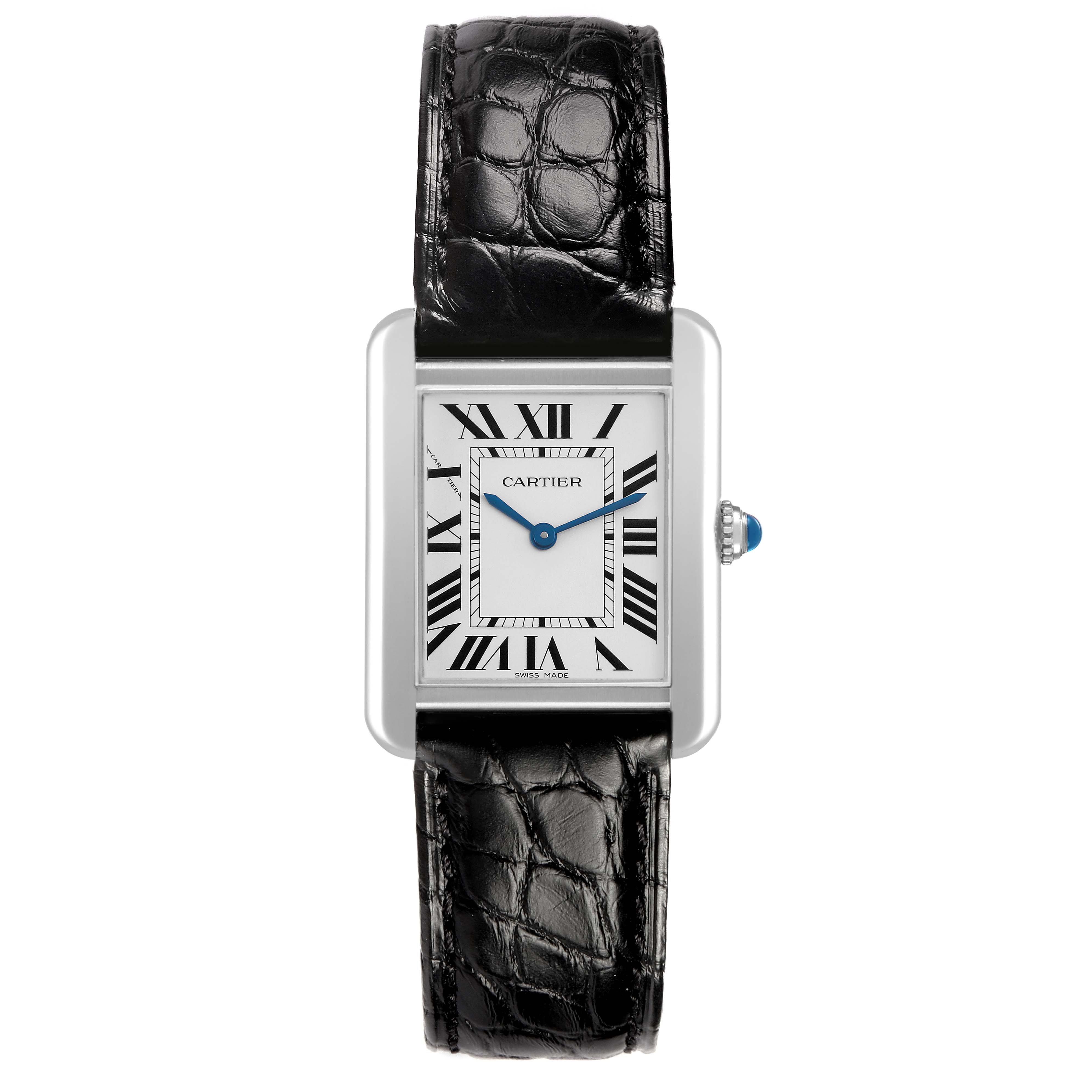 The Cartier Tank Solo W5200005 Women's Stainless Steel Silver Dial watch is shown from a front angle, displaying its face, hands, strap, and side crown.