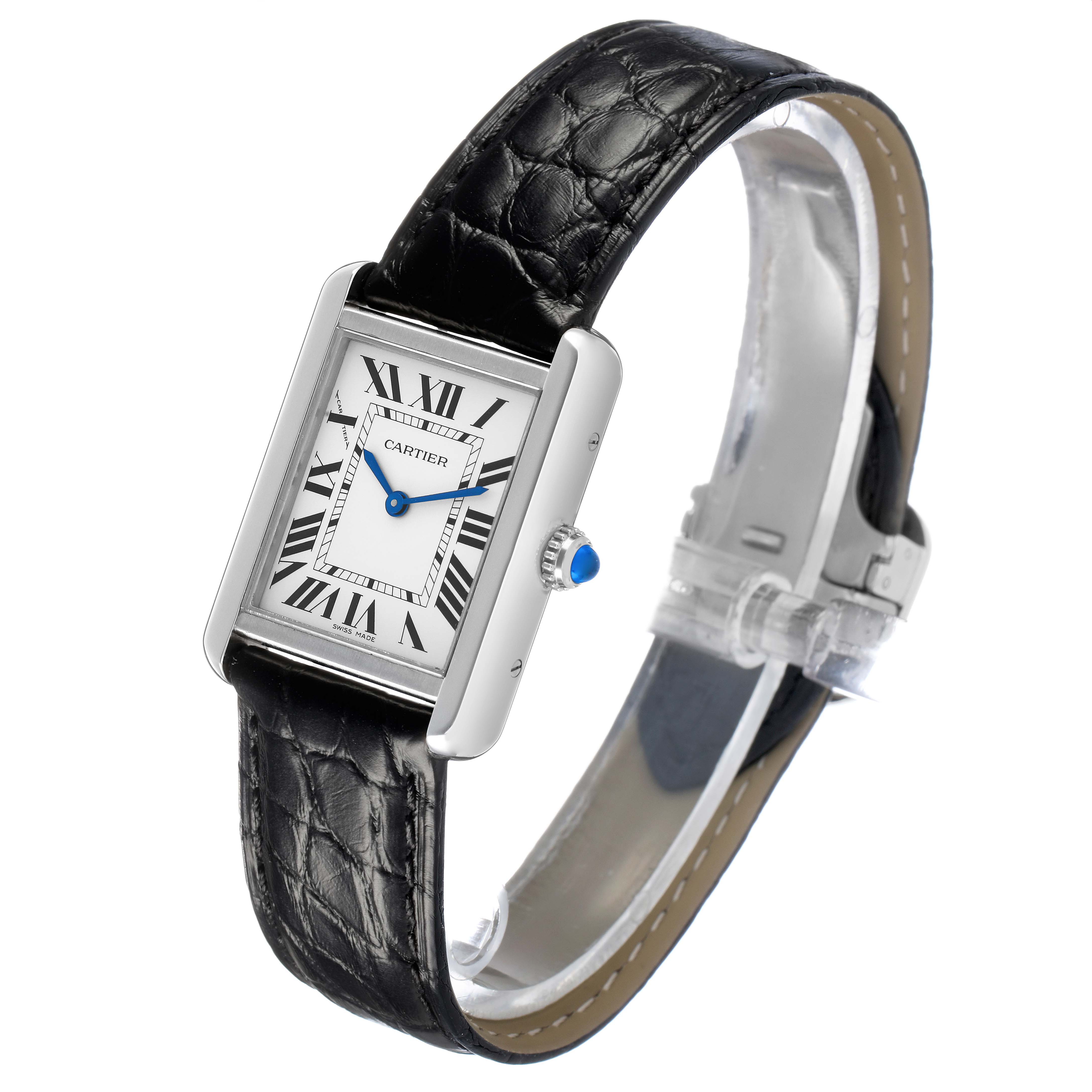 The Cartier Tank Solo W5200005 Women's Stainless Steel Silver Dial watch is shown at a three-quarter angle, highlighting the dial, case, and leather strap.