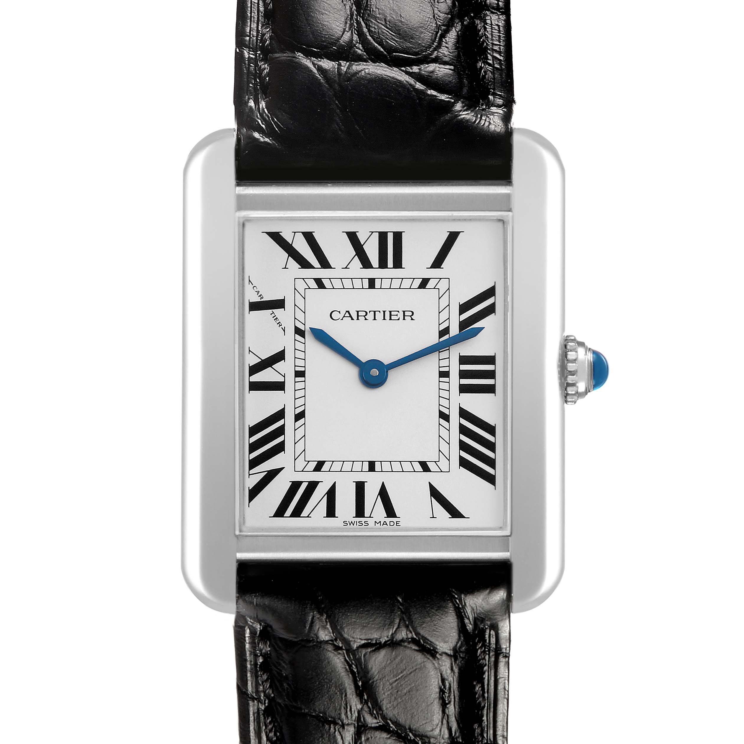 The Cartier Tank Solo W5200005 Women's Stainless Steel Silver Dial watch is shown from a front view, highlighting its rectangular face, Roman numerals, and leather strap.