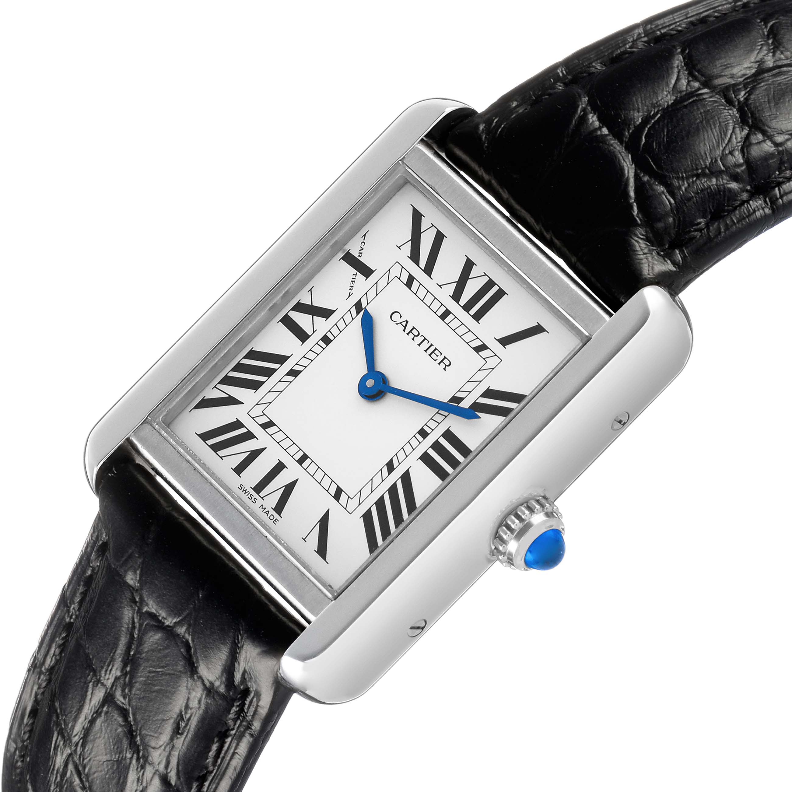 The Cartier Tank Solo W5200005 Women's Stainless Steel Silver Dial watch is shown at a tilted angle, highlighting its rectangular face, Roman numerals, blue hands, and leather strap.