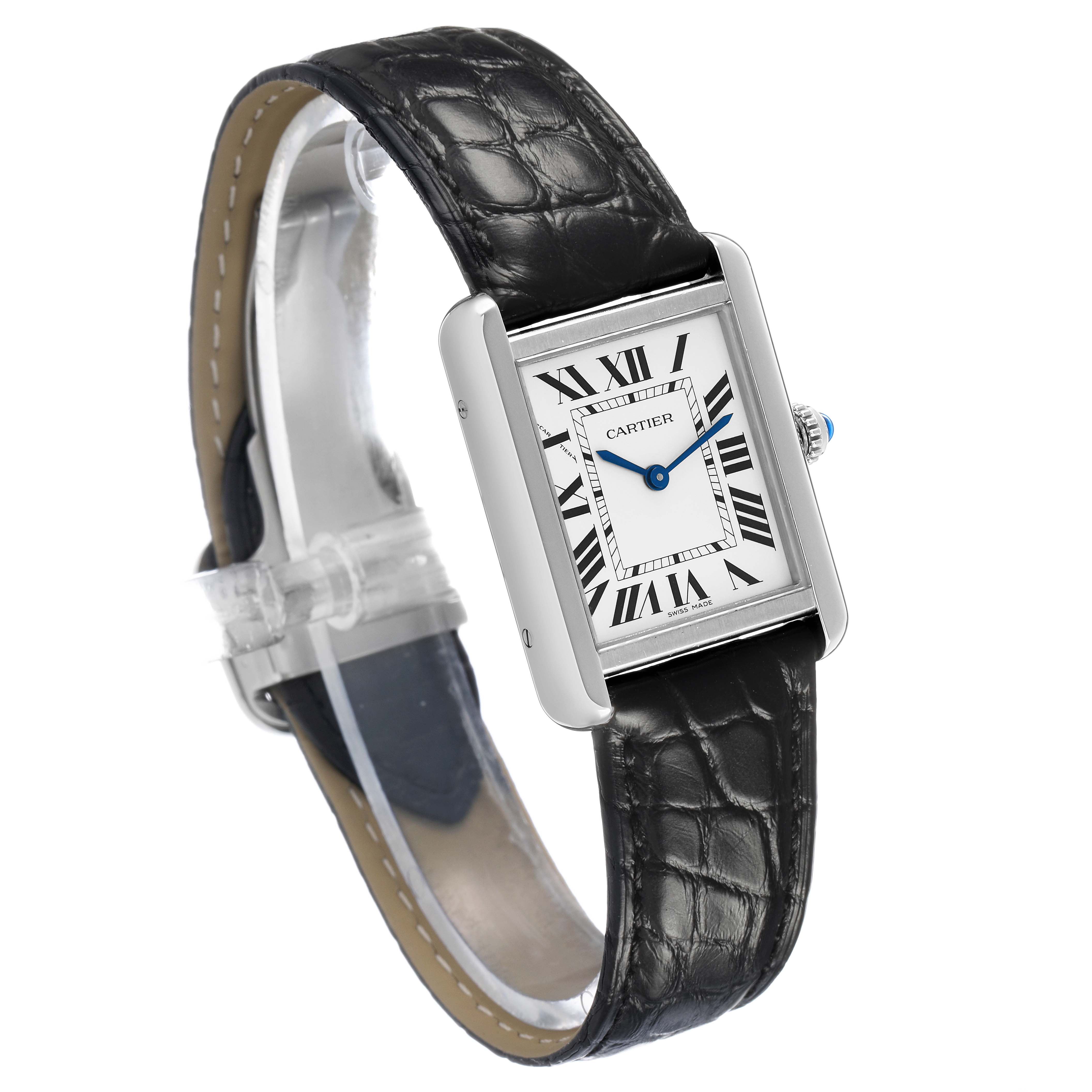 The Cartier Tank Solo W5200005 Women's Stainless Steel Silver Dial watch is shown at a side angle, highlighting the black leather strap, silver case, and roman numeral dial.