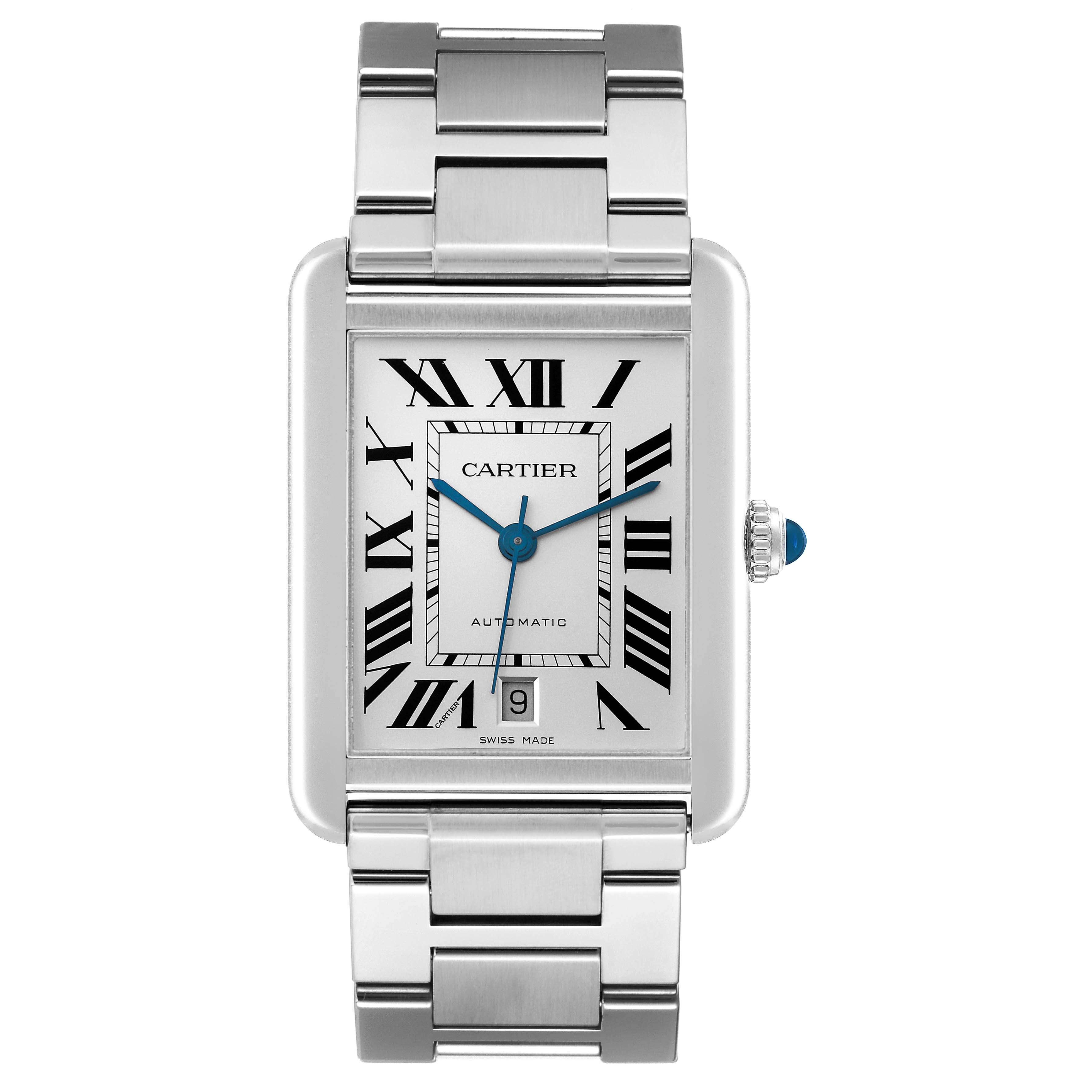 This image shows a front view of the Cartier Tank Solo W5200028 Men
s Stainless Steel Silver Dial W5200028 Men
s Stainless Steel Silver Dial watch, highlighting its face, bracelet, and crown.