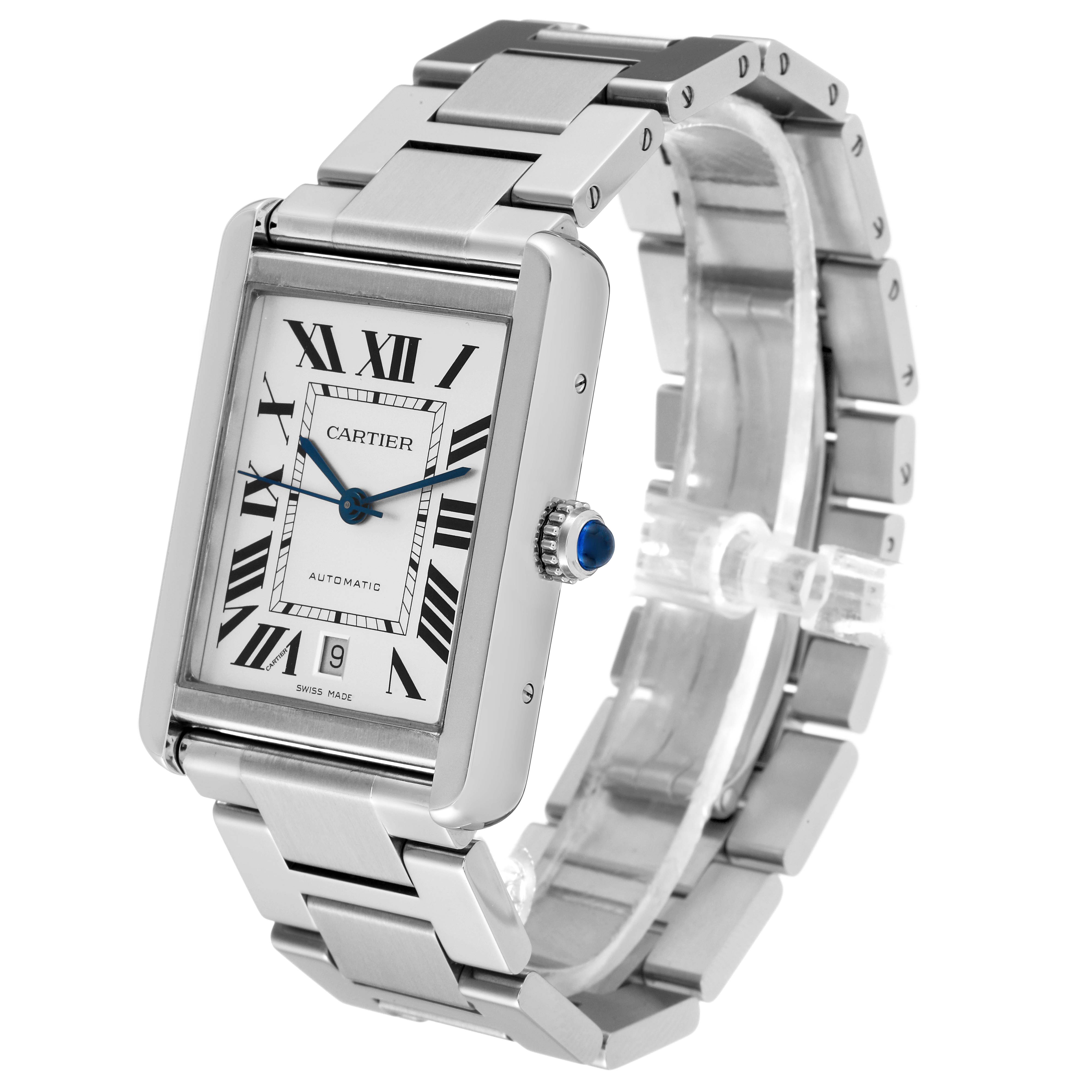 The Cartier Tank Solo W5200028 Men
s Stainless Steel Silver Dial W5200028 Men
s Stainless Steel Silver Dial watch is shown from an angled view, highlighting its rectangular face, bracelet, and blue crown detail.