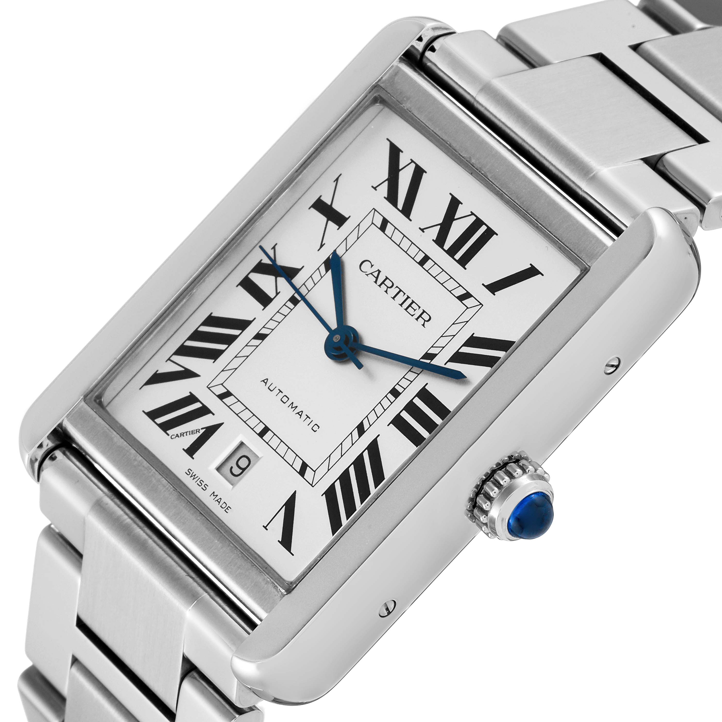 The image shows a close-up of the Cartier Tank Solo W5200028 Men
s Stainless Steel Silver Dial W5200028 Men
s Stainless Steel Silver Dial watch face, crown, and part of the metal bracelet at an angled view.