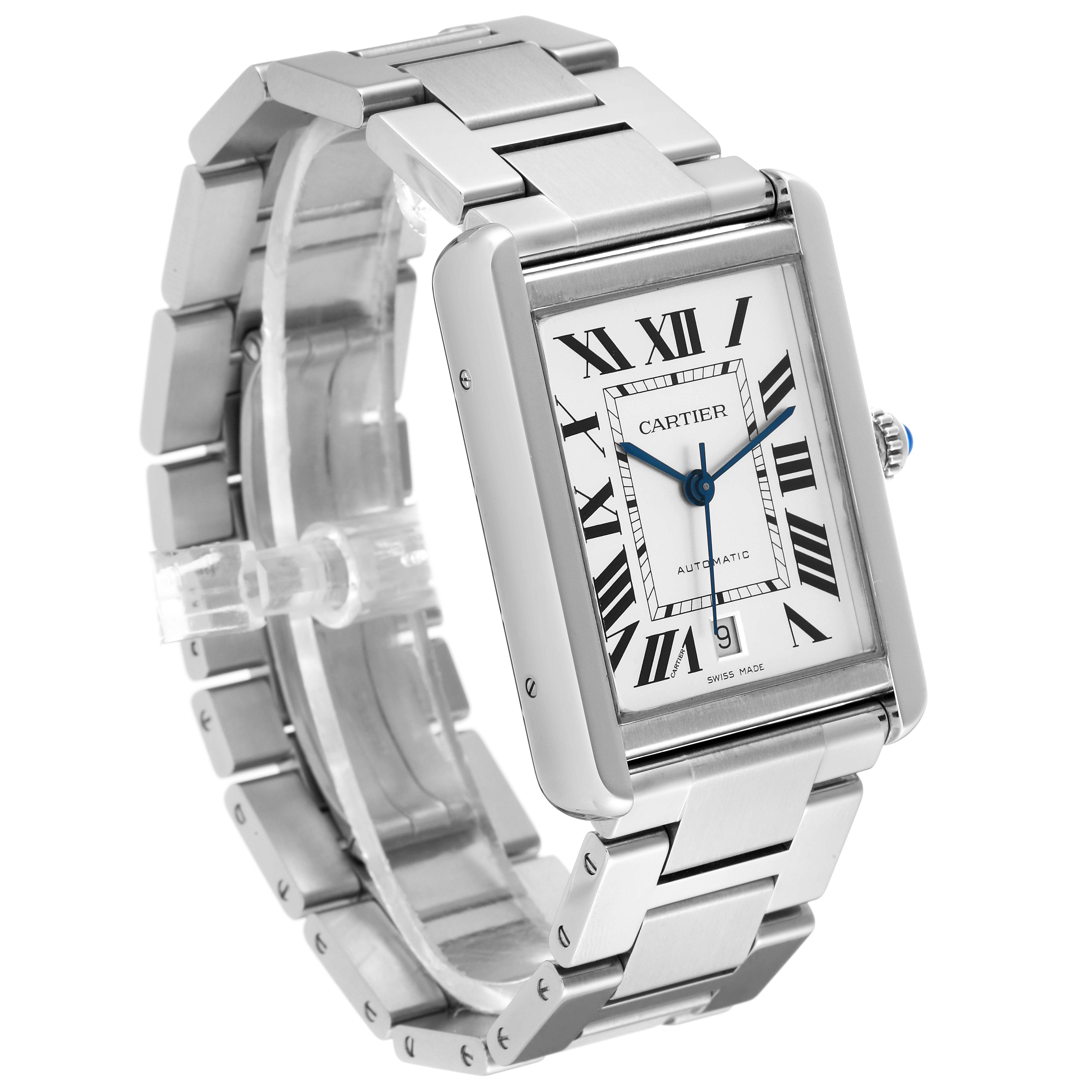 This image shows a Cartier Tank Solo W5200028 Men
s Stainless Steel Silver Dial W5200028 Men
s Stainless Steel Silver Dial watch from a three-quarter angle, highlighting its rectangular face and metal bracelet.