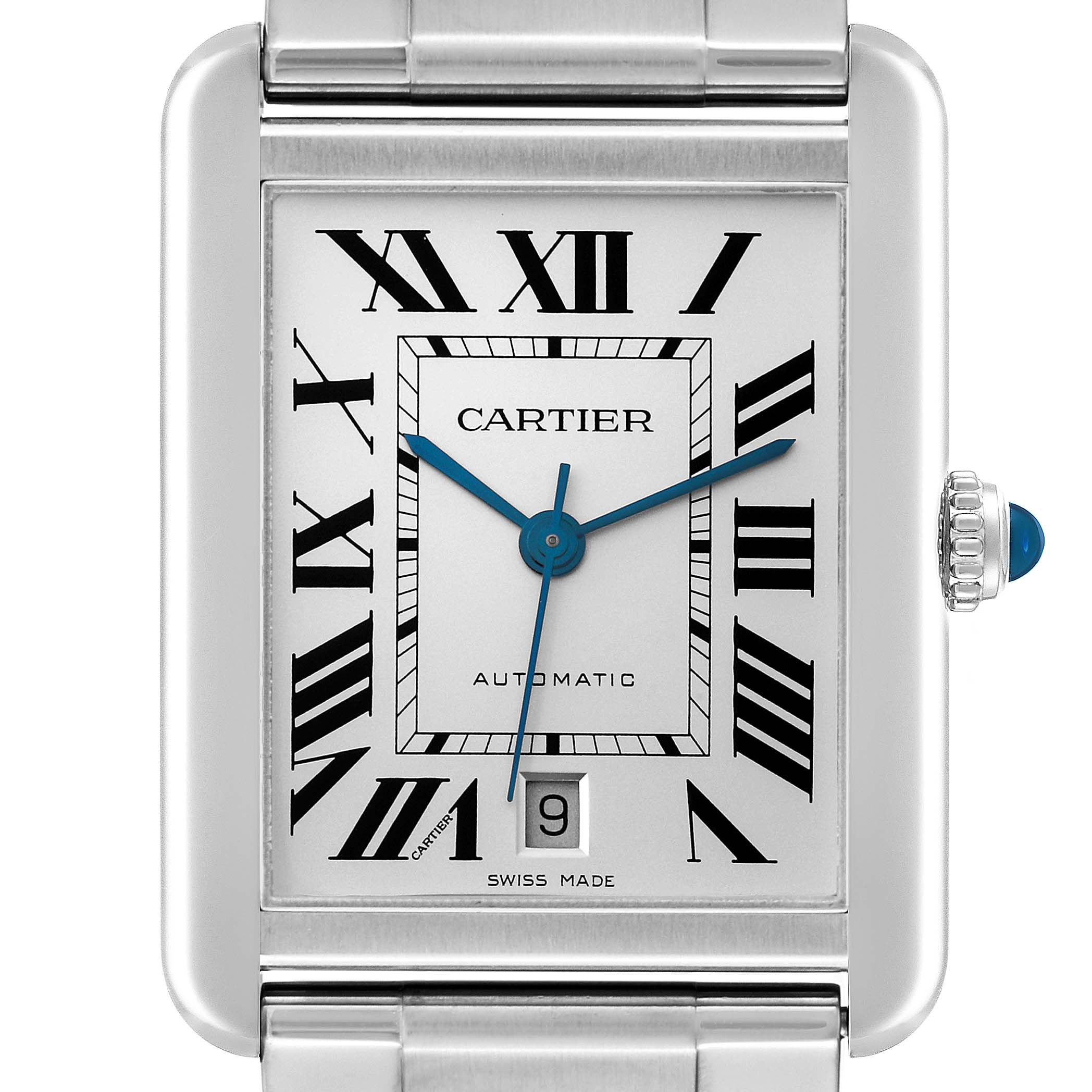 This is a close-up of the Cartier Tank Solo W5200028 Men
s Stainless Steel Silver Dial W5200028 Men
s Stainless Steel Silver Dial watch face, showcasing its Roman numerals, blue hands, and date window.