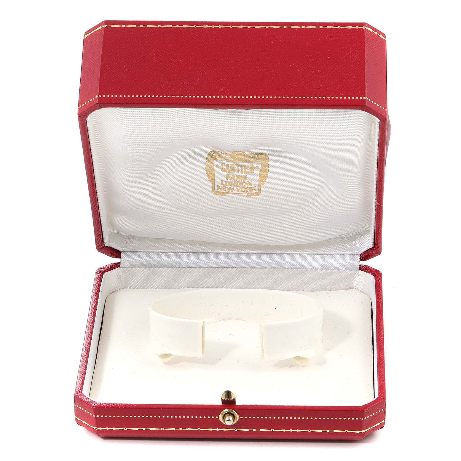 The image shows an open Cartier Trinity W200246 Women's Yellow Gold Beige Dial W200246 Women's Yellow Gold Beige Dial watch box with a white cushion inside.