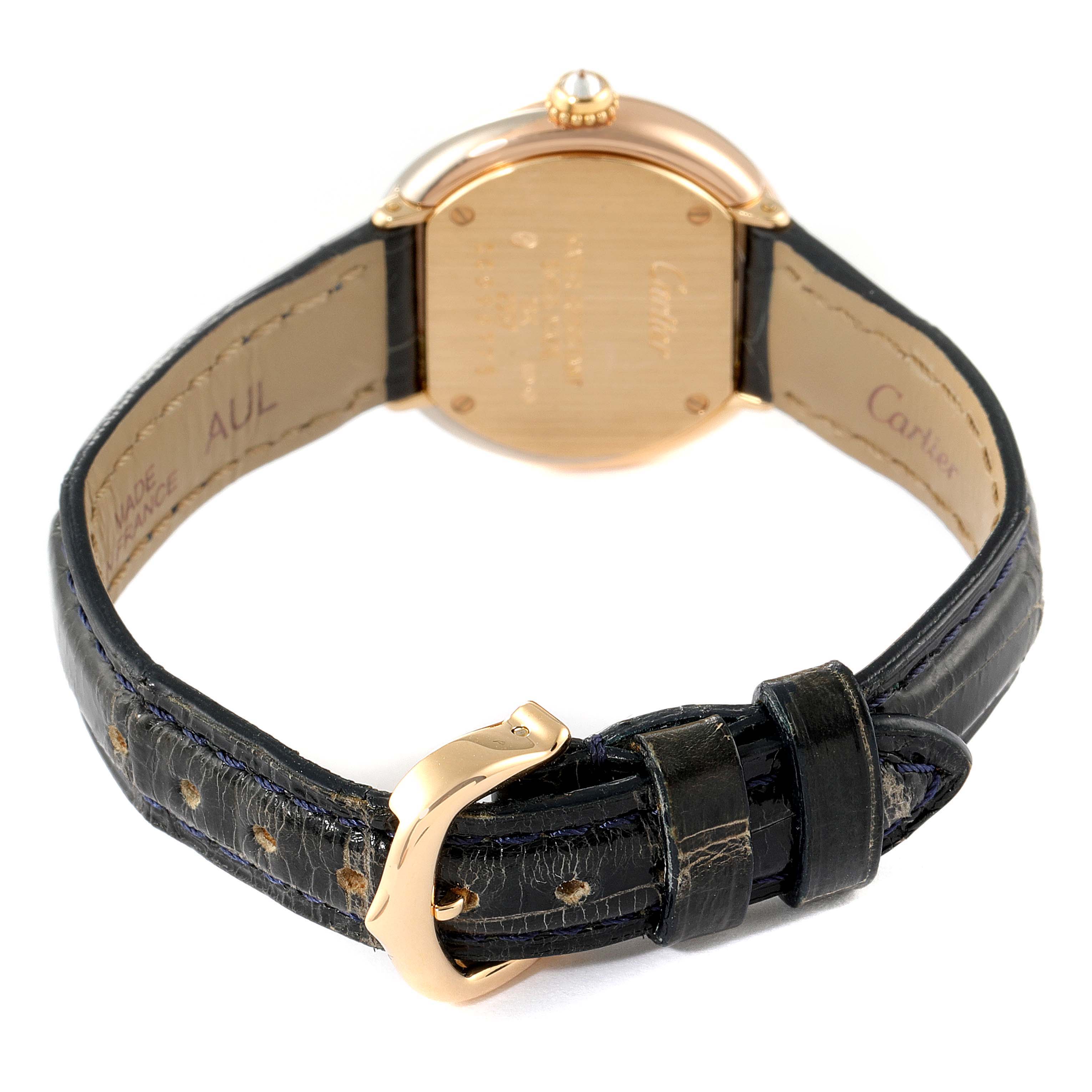 This image shows the back view of the Trinity model by Cartier, including the case back, strap, and buckle.