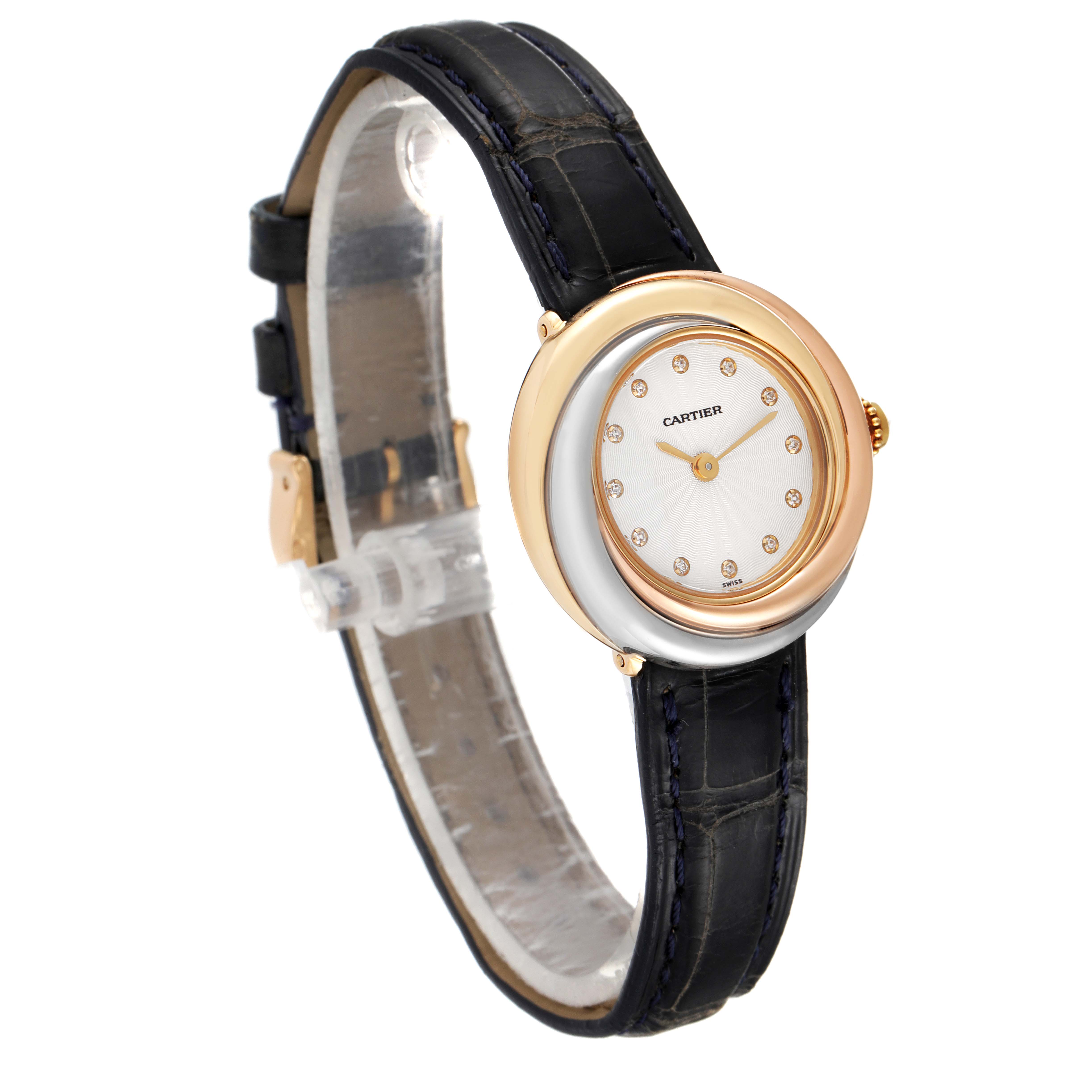 The image shows a Cartier Trinity W200246 Women's Yellow Gold Beige Dial W200246 Women's Yellow Gold Beige Dial model watch angled to display its face, bezel, and leather strap.