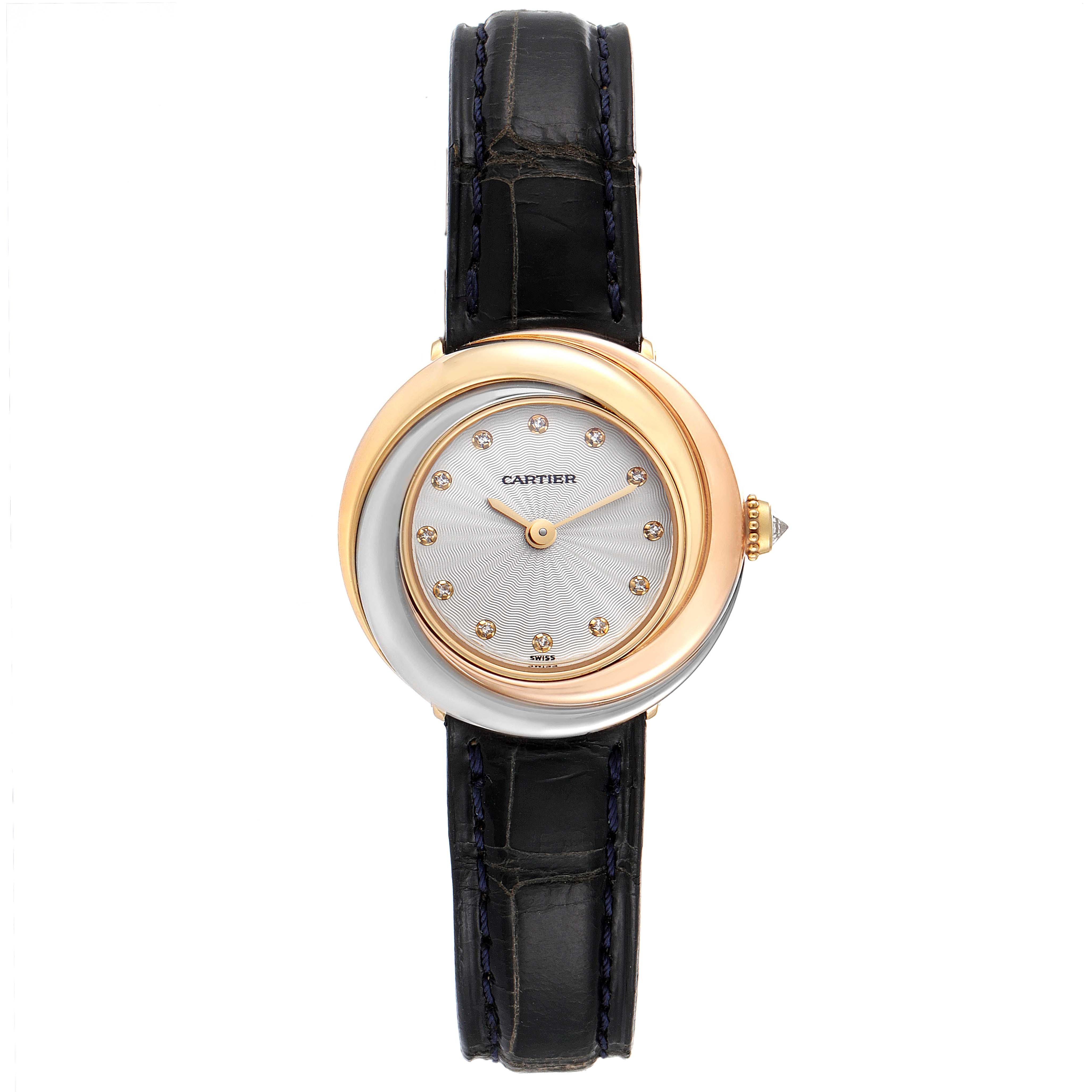 The image shows a frontal view of a Cartier Trinity W200246 Women's Yellow Gold Beige Dial W200246 Women's Yellow Gold Beige Dial model watch with a gold and silver face and a black leather strap.