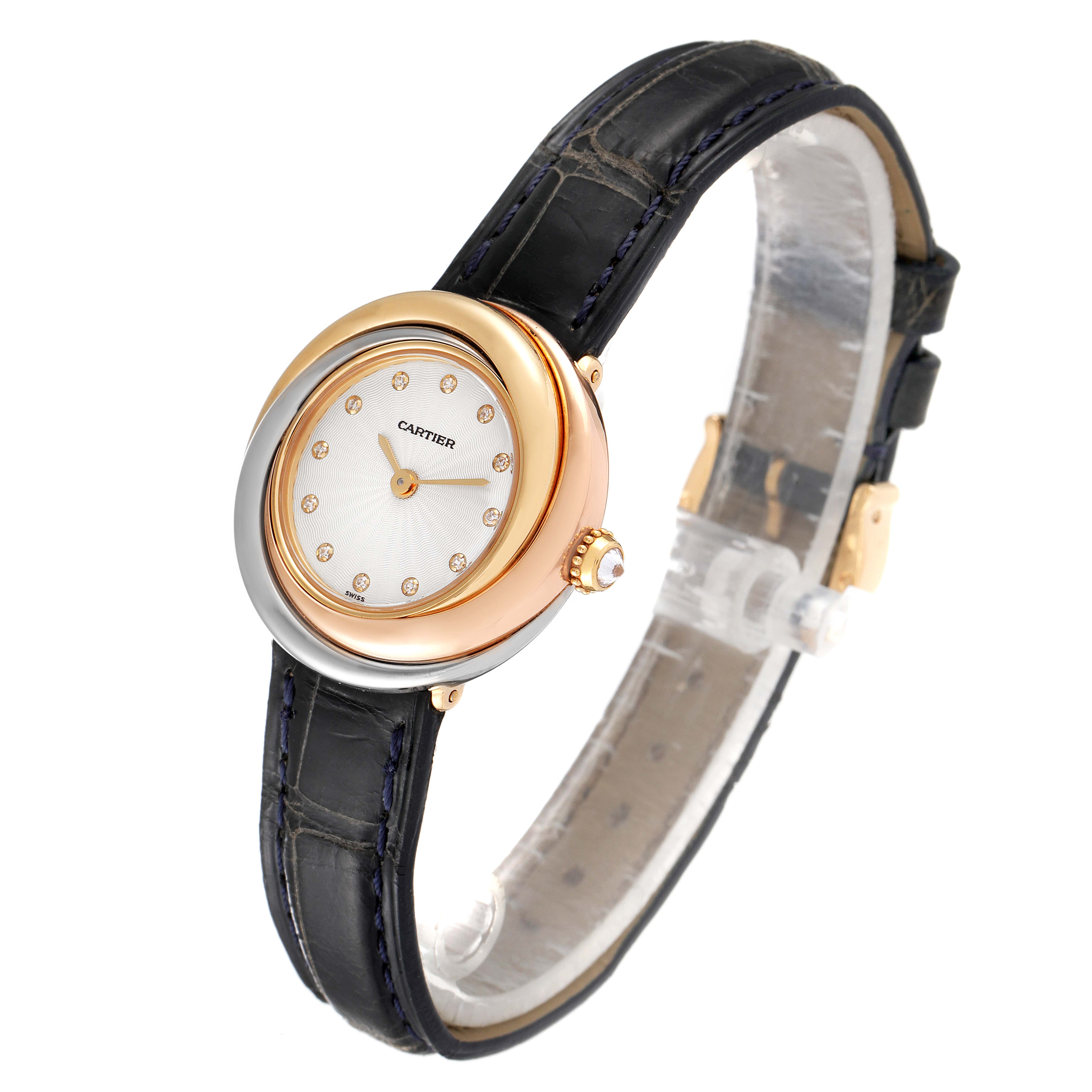 This image shows a side angle of the Cartier Trinity W200246 Women's Yellow Gold Beige Dial W200246 Women's Yellow Gold Beige Dial model watch, highlighting the dial, strap, and crown.