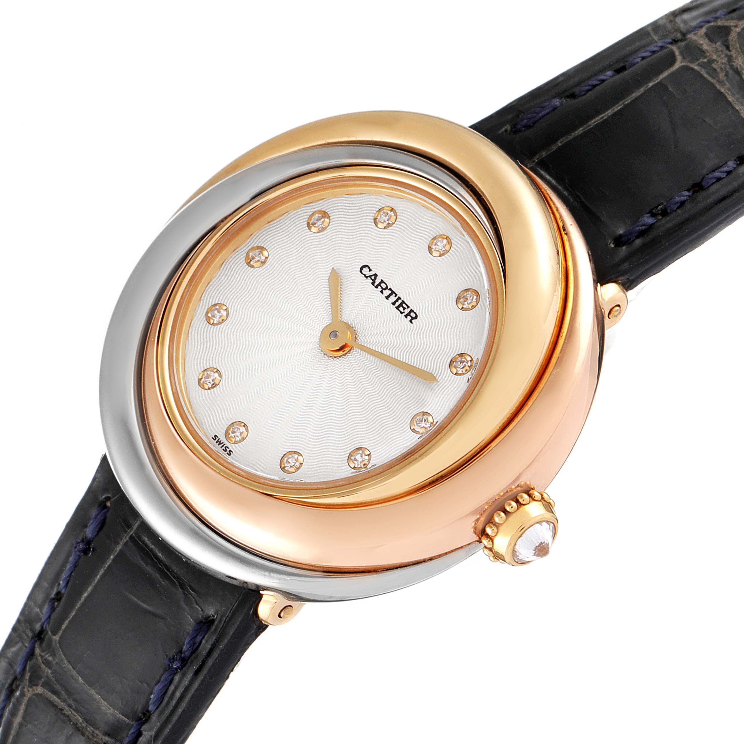 The image shows a close-up view of a Cartier Trinity W200246 Women's Yellow Gold Beige Dial W200246 Women's Yellow Gold Beige Dial model watch, highlighting its dial, bezel, crown, and leather strap.