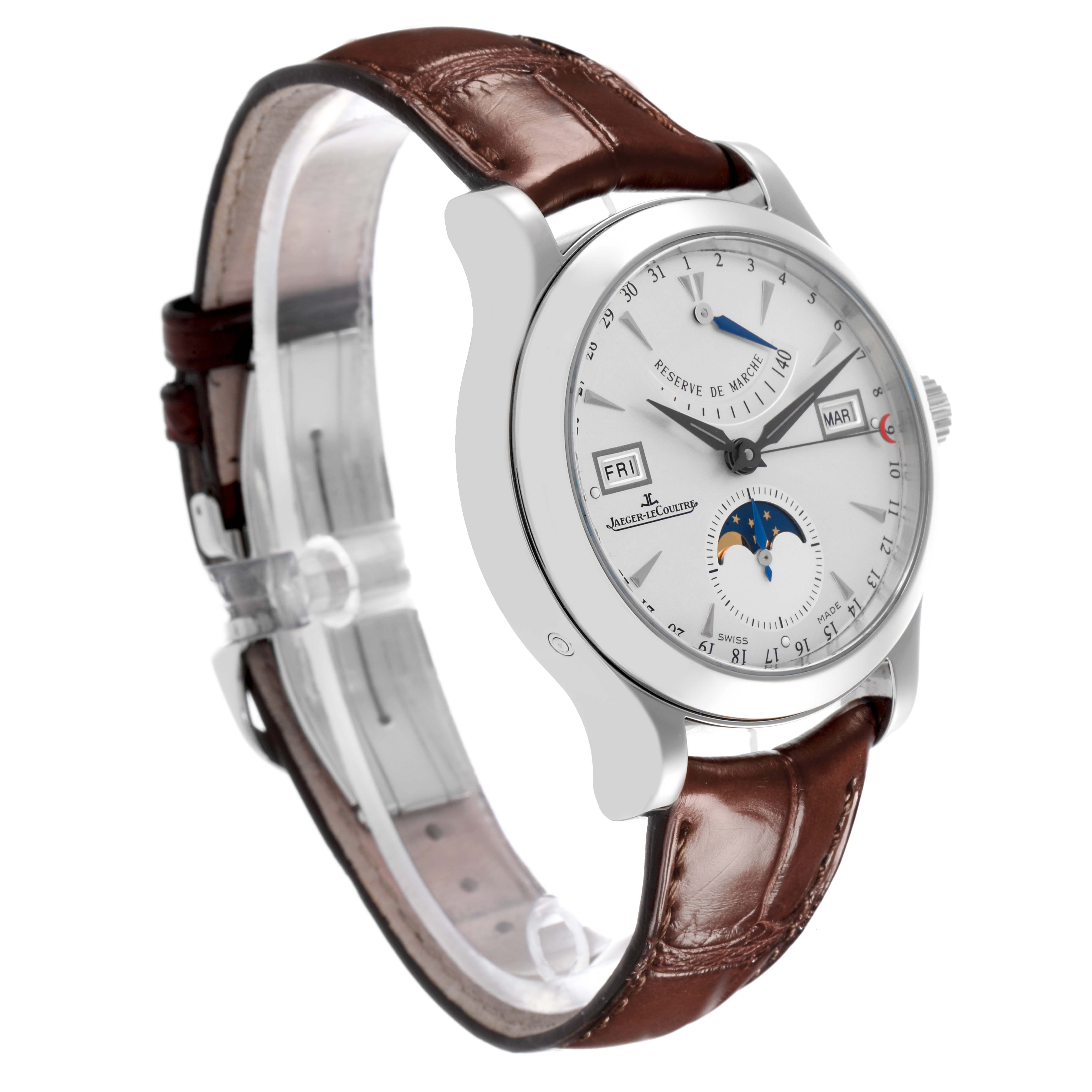 The Jaeger-LeCoultre Master model watch is shown at a three-quarter angle, highlighting the dial, case, crown, and leather strap.