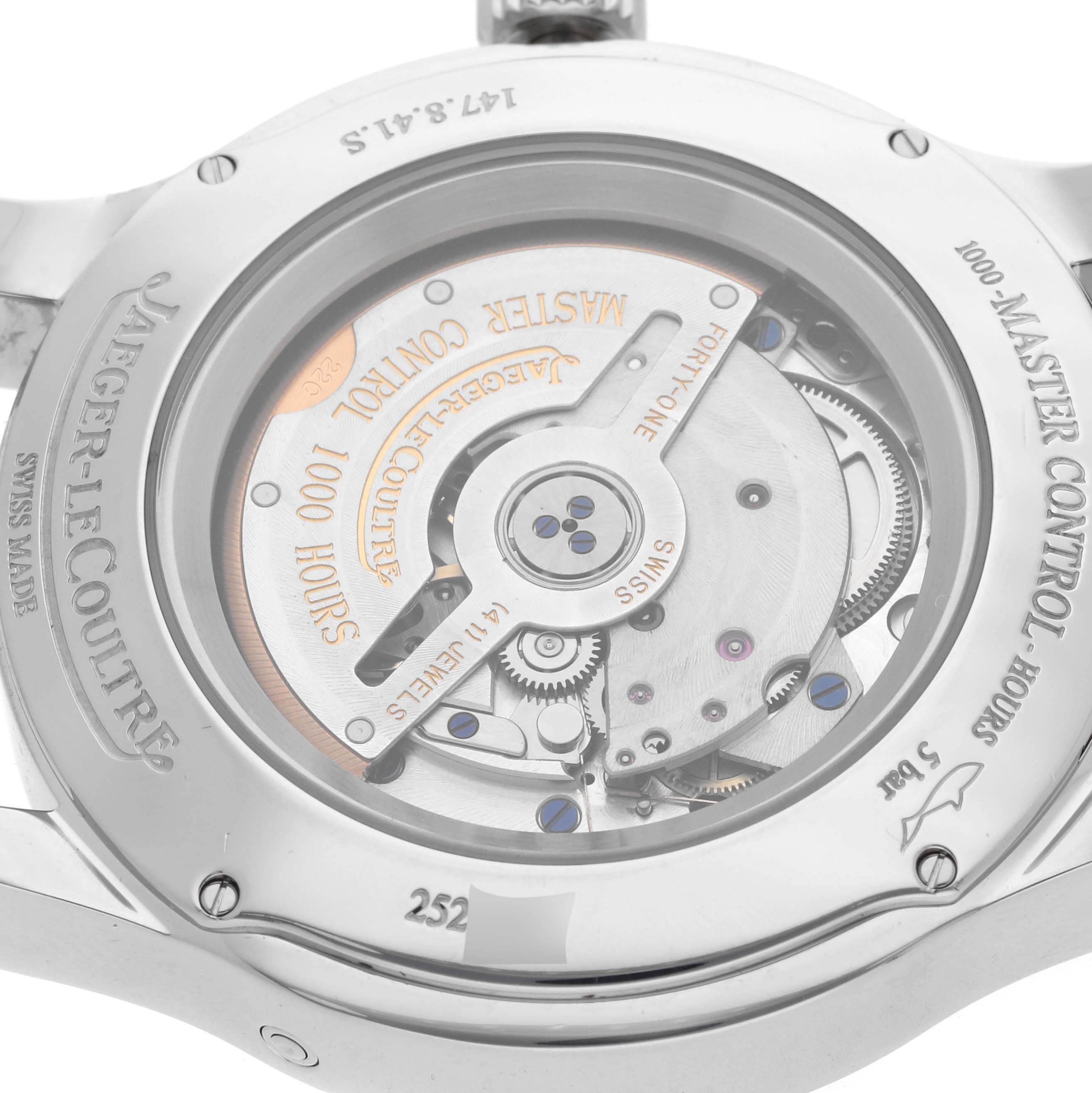 The image shows the back of a Jaeger LeCoultre Master Q151842A Men's Stainless Steel Silver Dial Q151842A Men's Stainless Steel Silver Dial model watch, highlighting the movement and rotor.