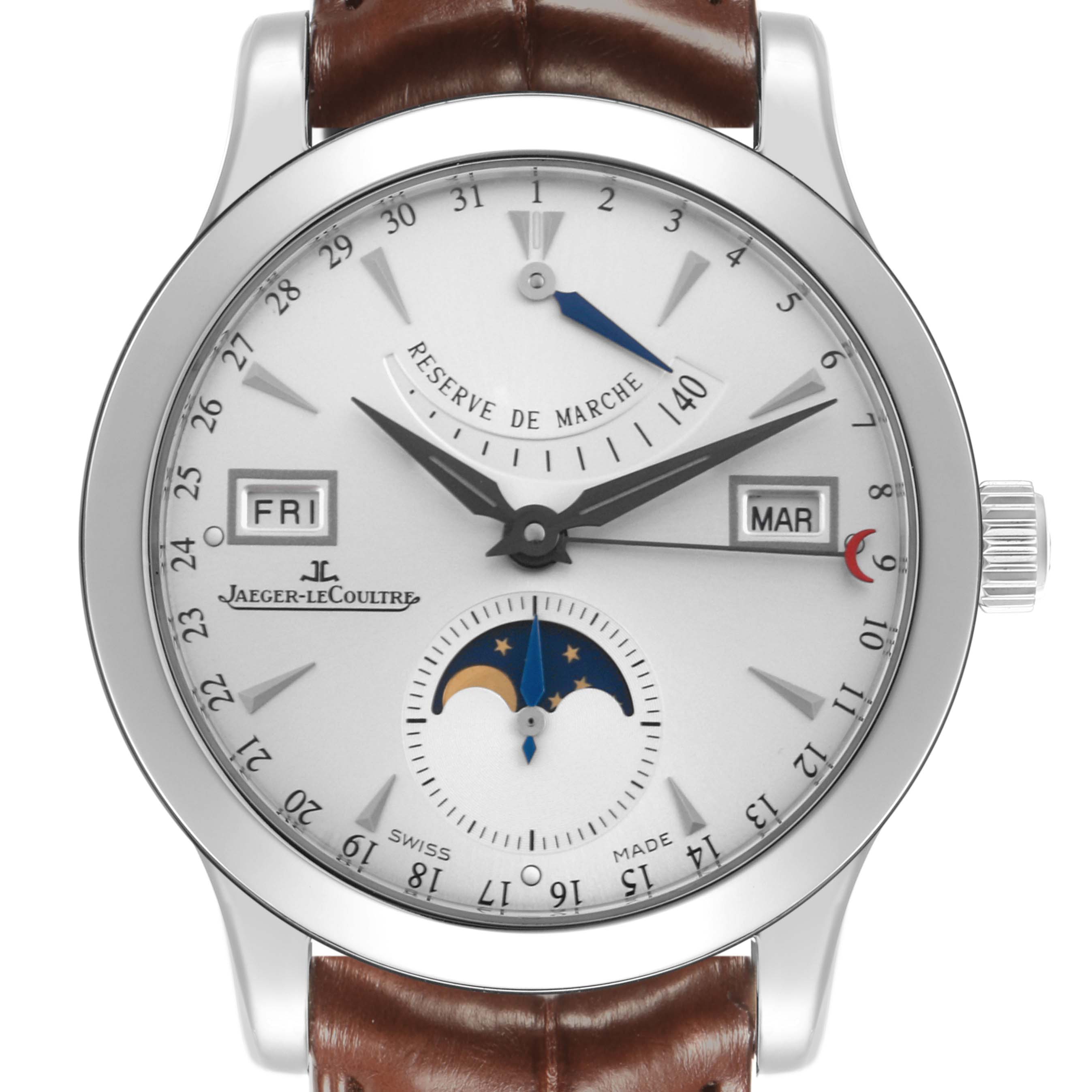 The Jaeger LeCoultre Master Q151842A Men's Stainless Steel Silver Dial Q151842A Men's Stainless Steel Silver Dial watch is shown from a front angle, displaying its dial with date, day, and moon phase features.