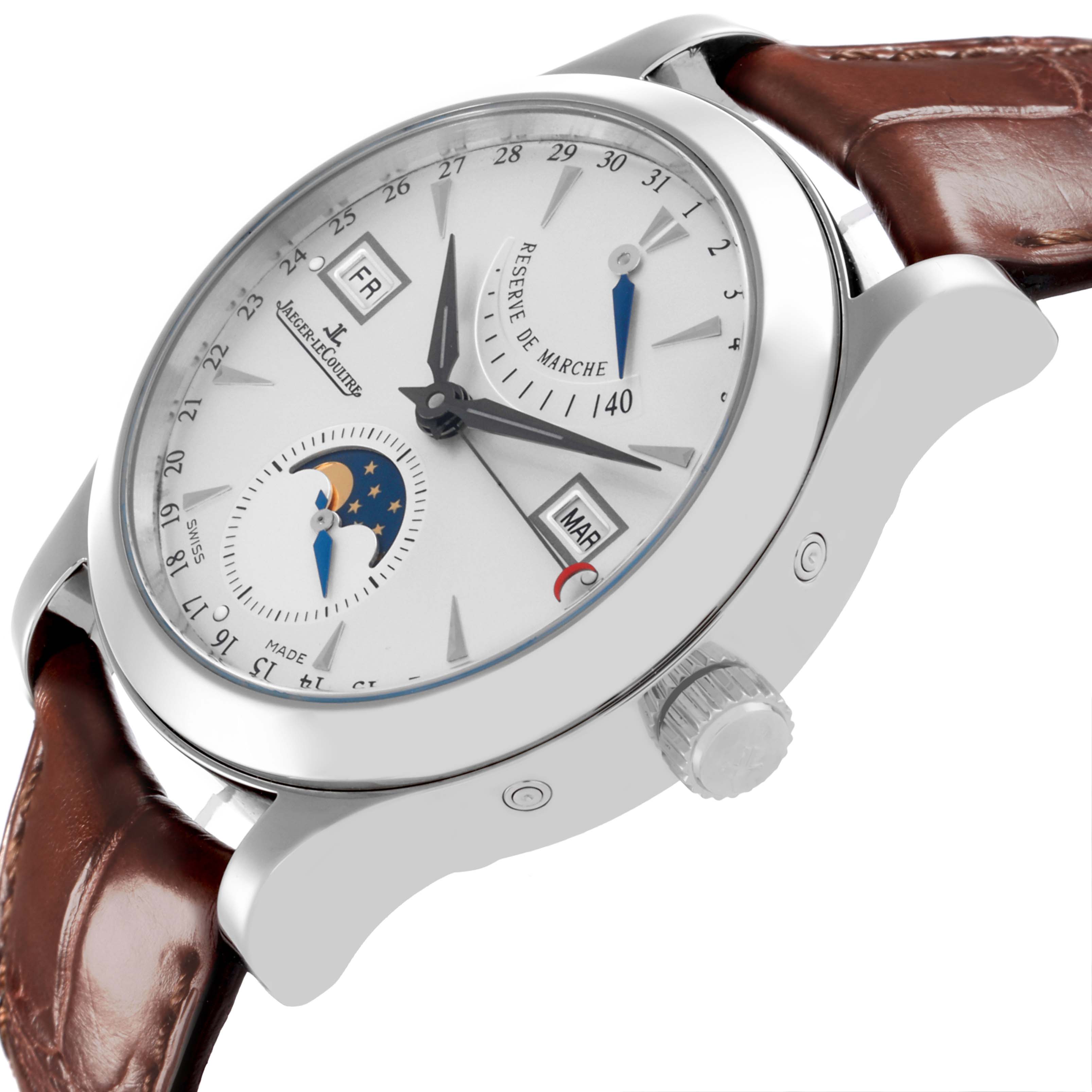 The Jaeger LeCoultre Master Q151842A Men's Stainless Steel Silver Dial Q151842A Men's Stainless Steel Silver Dial watch is shown at an oblique angle, displaying the dial, crown, and leather strap.